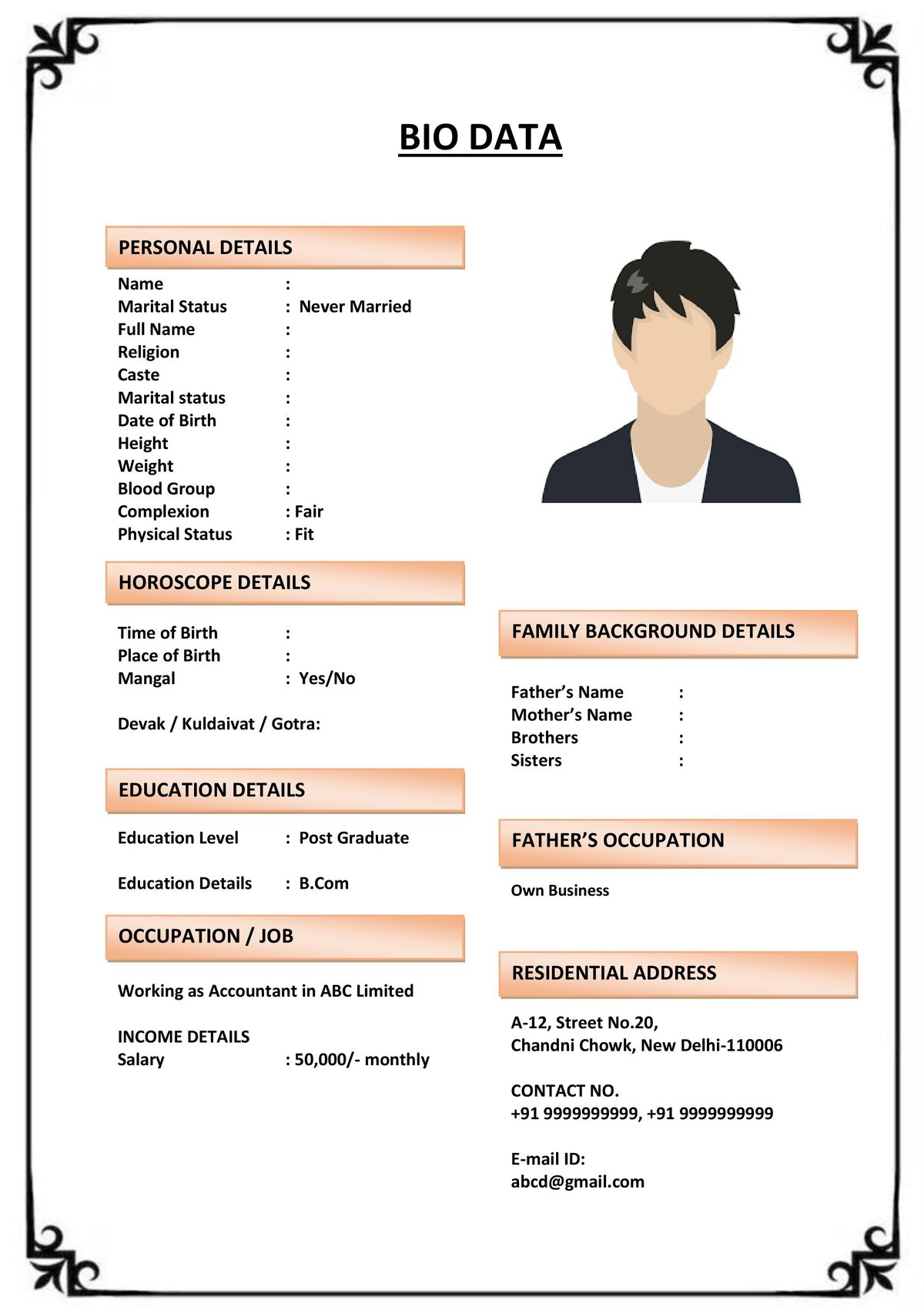 Marriage Biodata Template with Font Icons