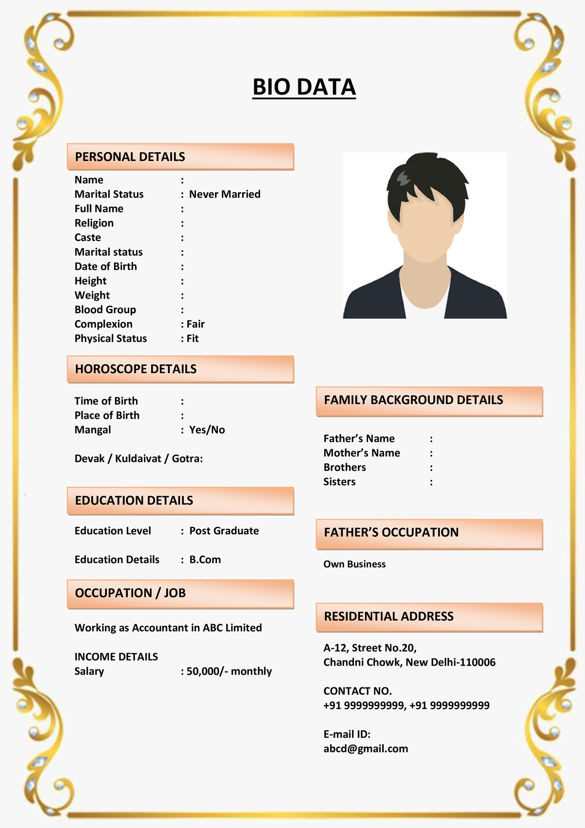 Marriage Biodata for CA Inter or Students