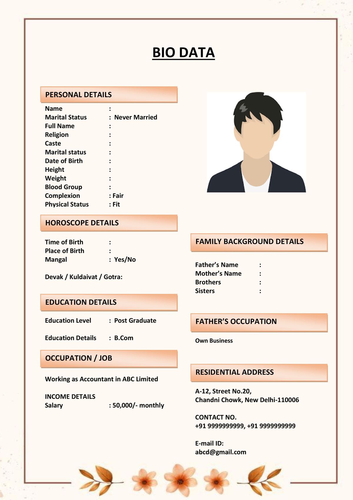 Marriage Biodata with Blank Sections