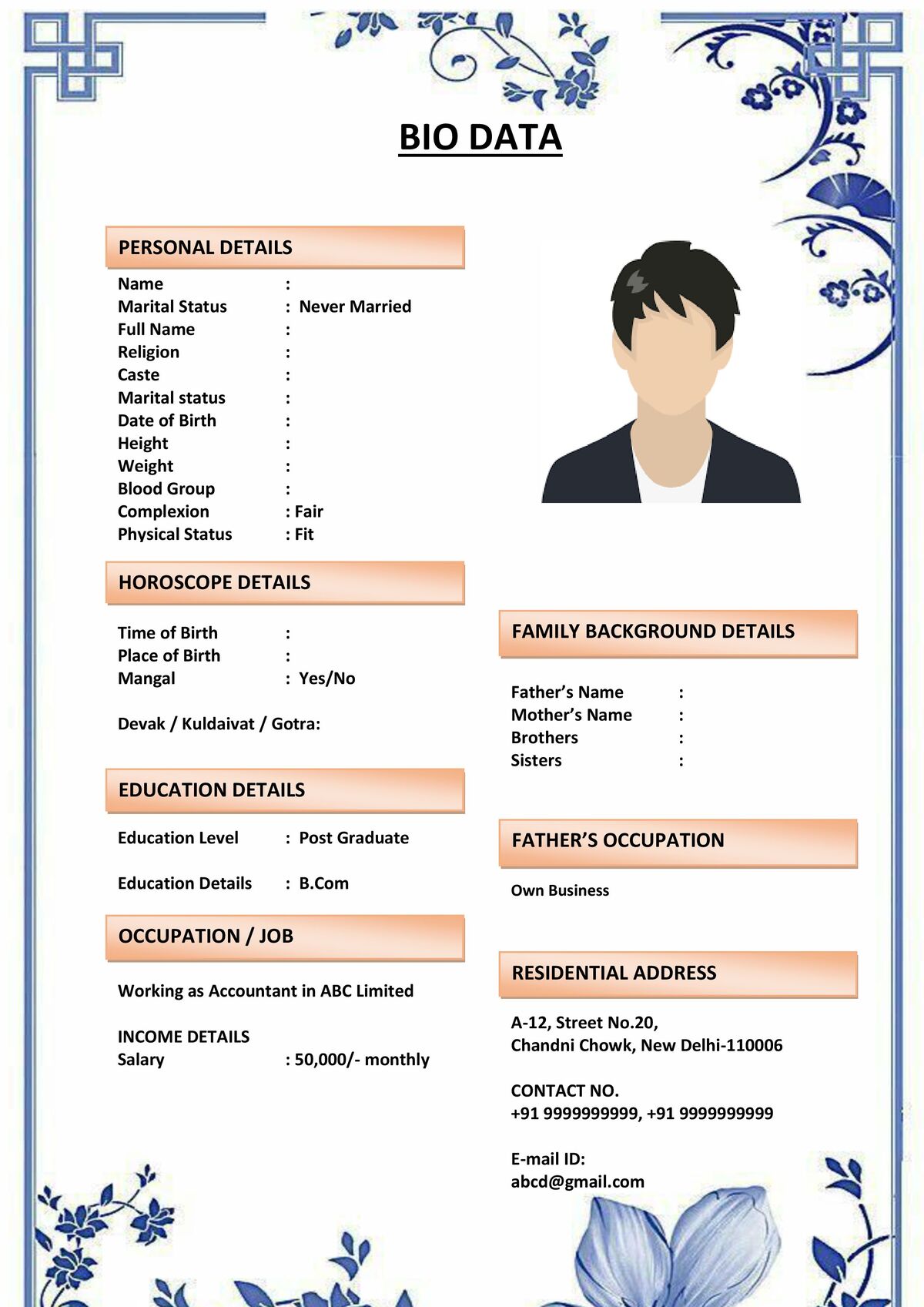 Marriage Biodata with Editable Footer Note