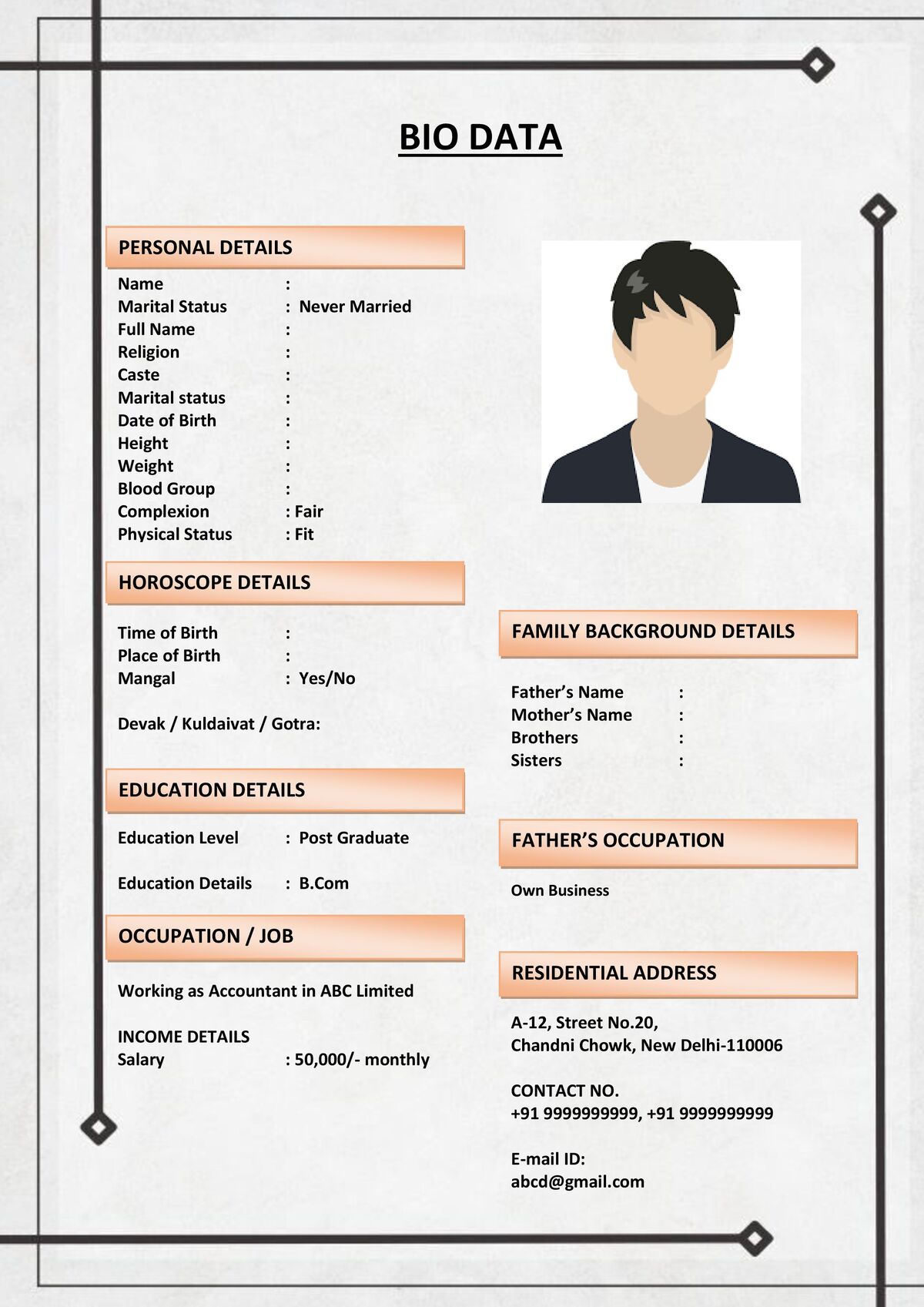 Marriage Biodata with Editable Header & Footer