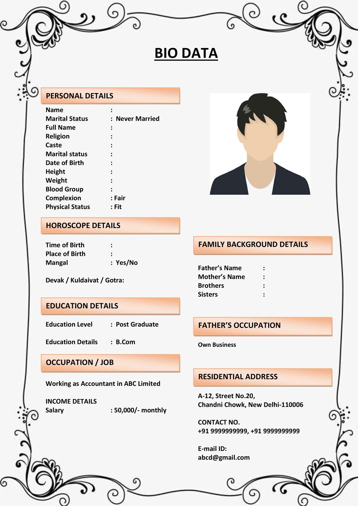 Marriage Biodata with Editable Margins