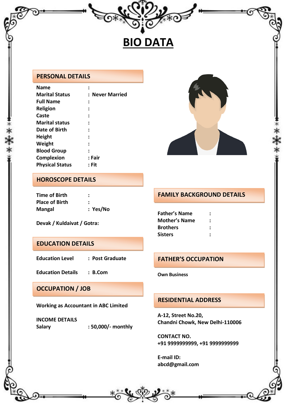 Marriage Biodata with Editable Section Headings