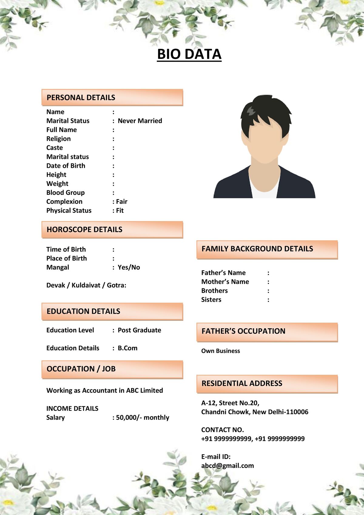 Marriage Biodata with Height and Complexion