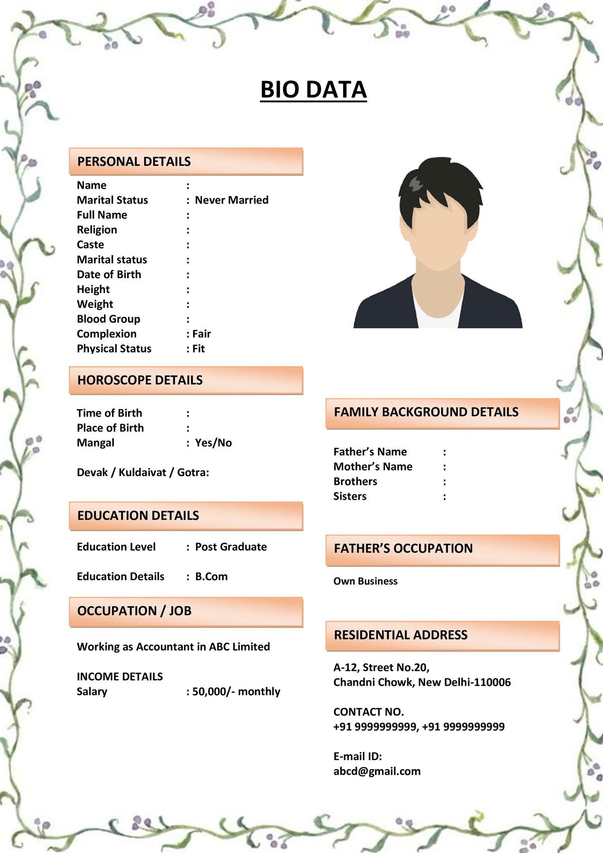 Marriage Biodata with Signature of Parents