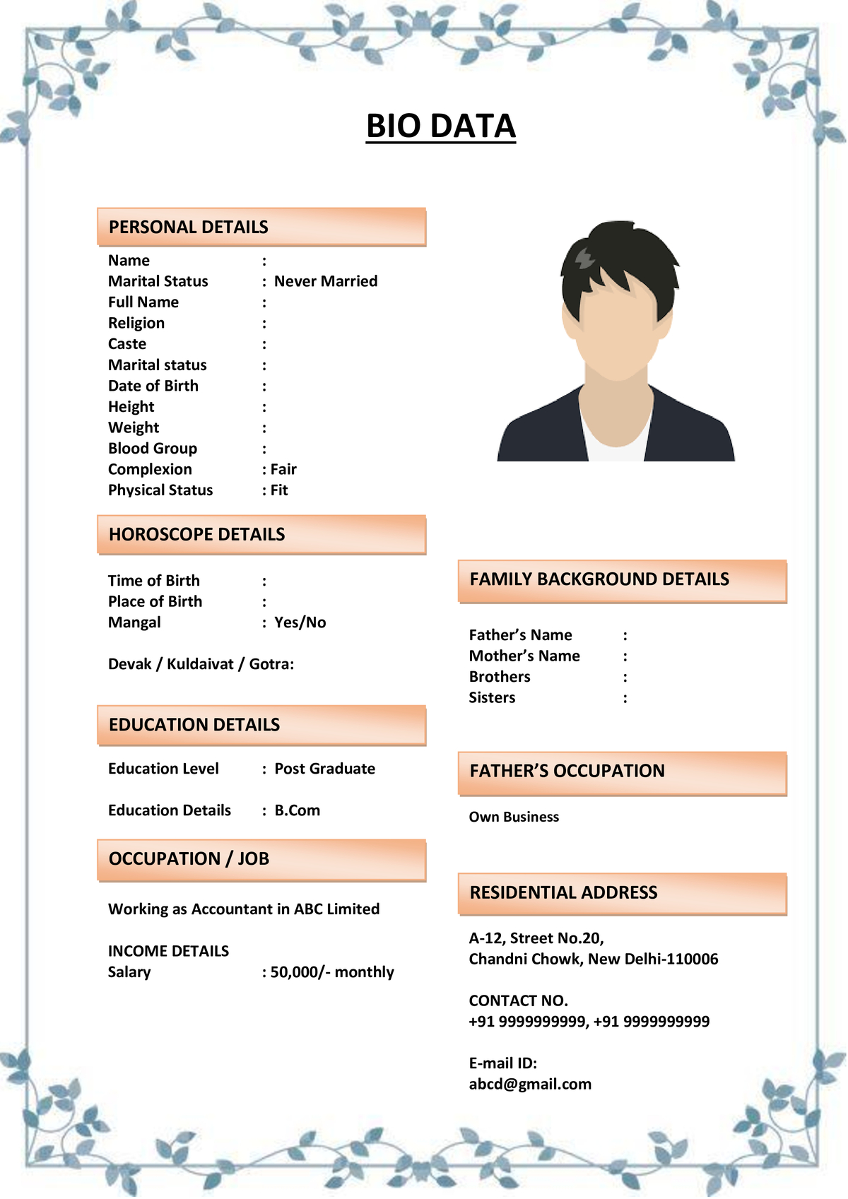 Marriage Resume with Editable Section Boxes