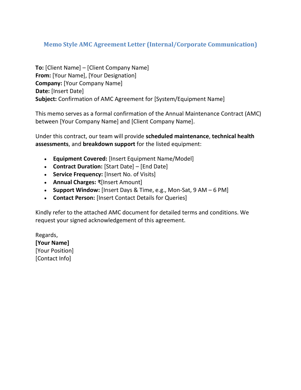 Memo Style AMC Agreement Letter (Internal ,Corporate Communication)