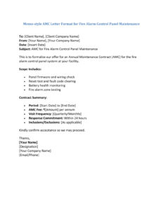 AMC Letter Format for Fire Safety Equipment, Fire Alarm System (5 Templates) Download in Word (.docx)
