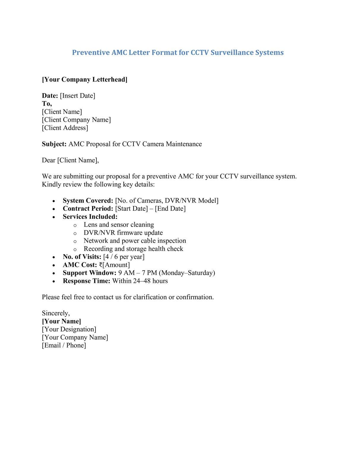 Preventive AMC Letter Format for CCTV Surveillance Systems