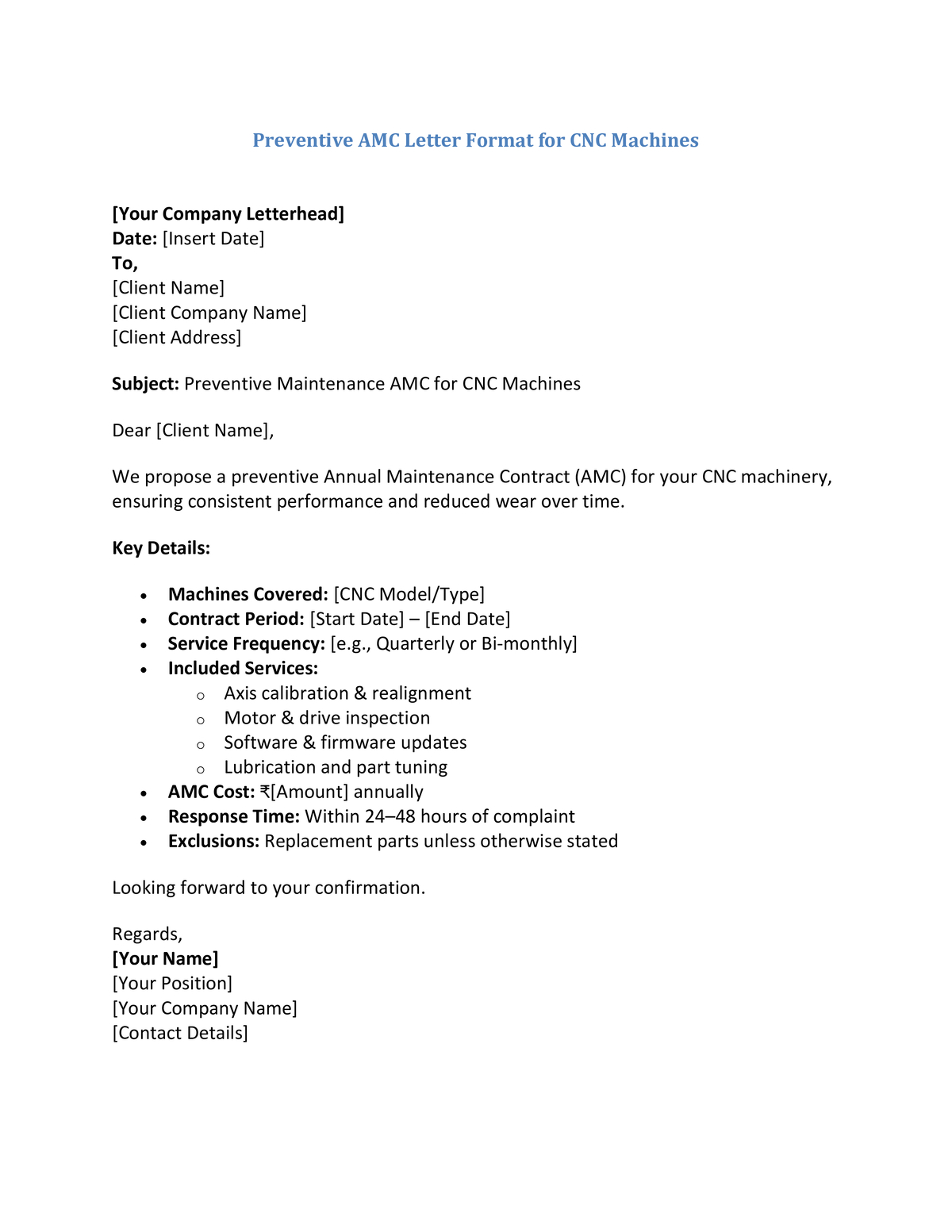 Preventive AMC Letter Format for CNC Machines