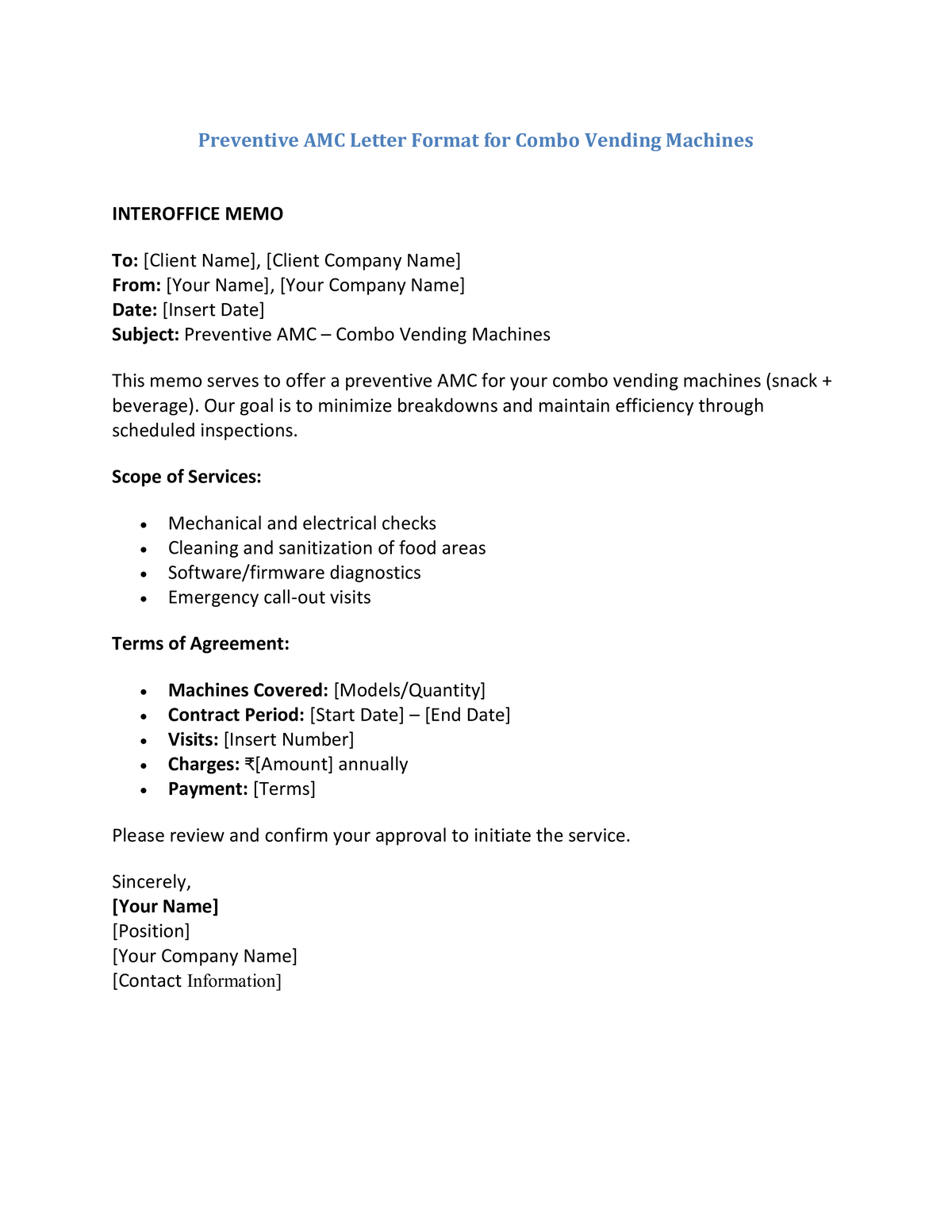 Preventive AMC Letter Format for Combo Vending Machines