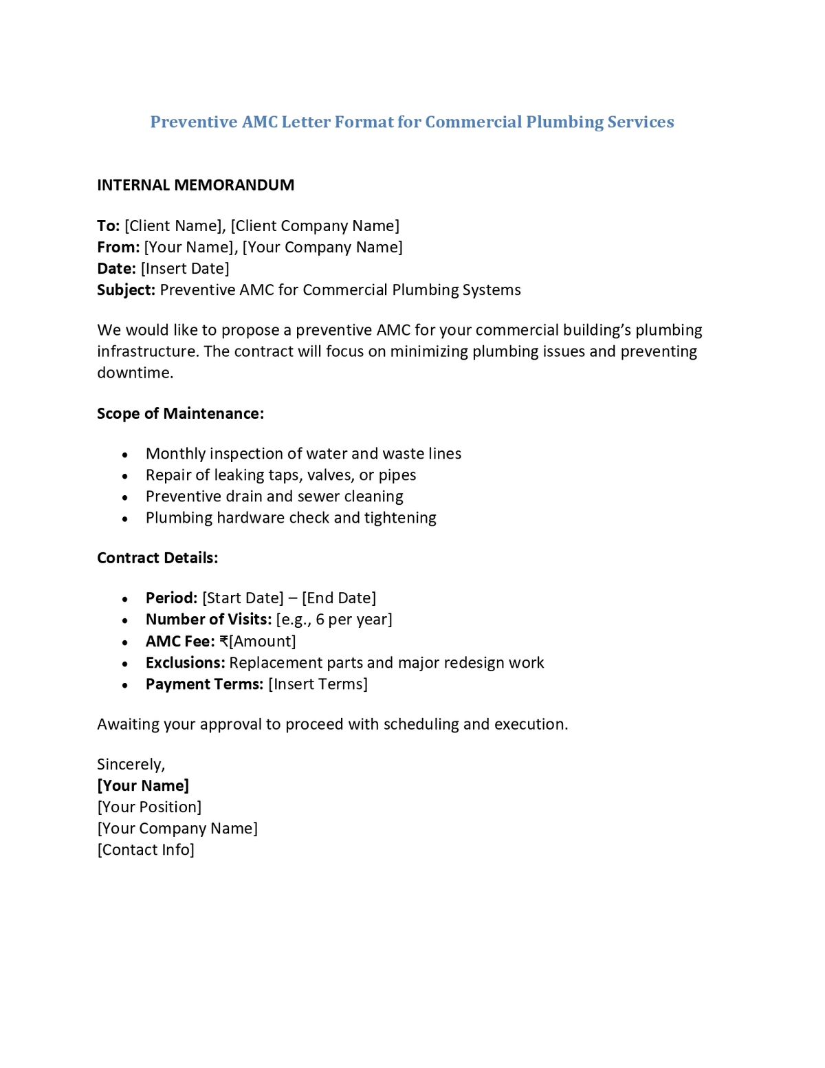 Preventive AMC Letter Format for Commercial Plumbing Services