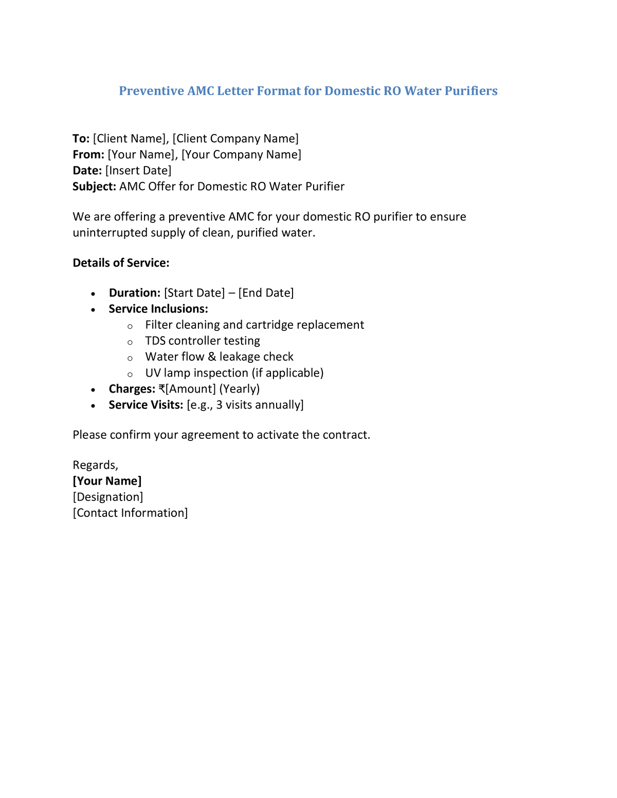 Preventive AMC Letter Format for Domestic RO Water Purifiers