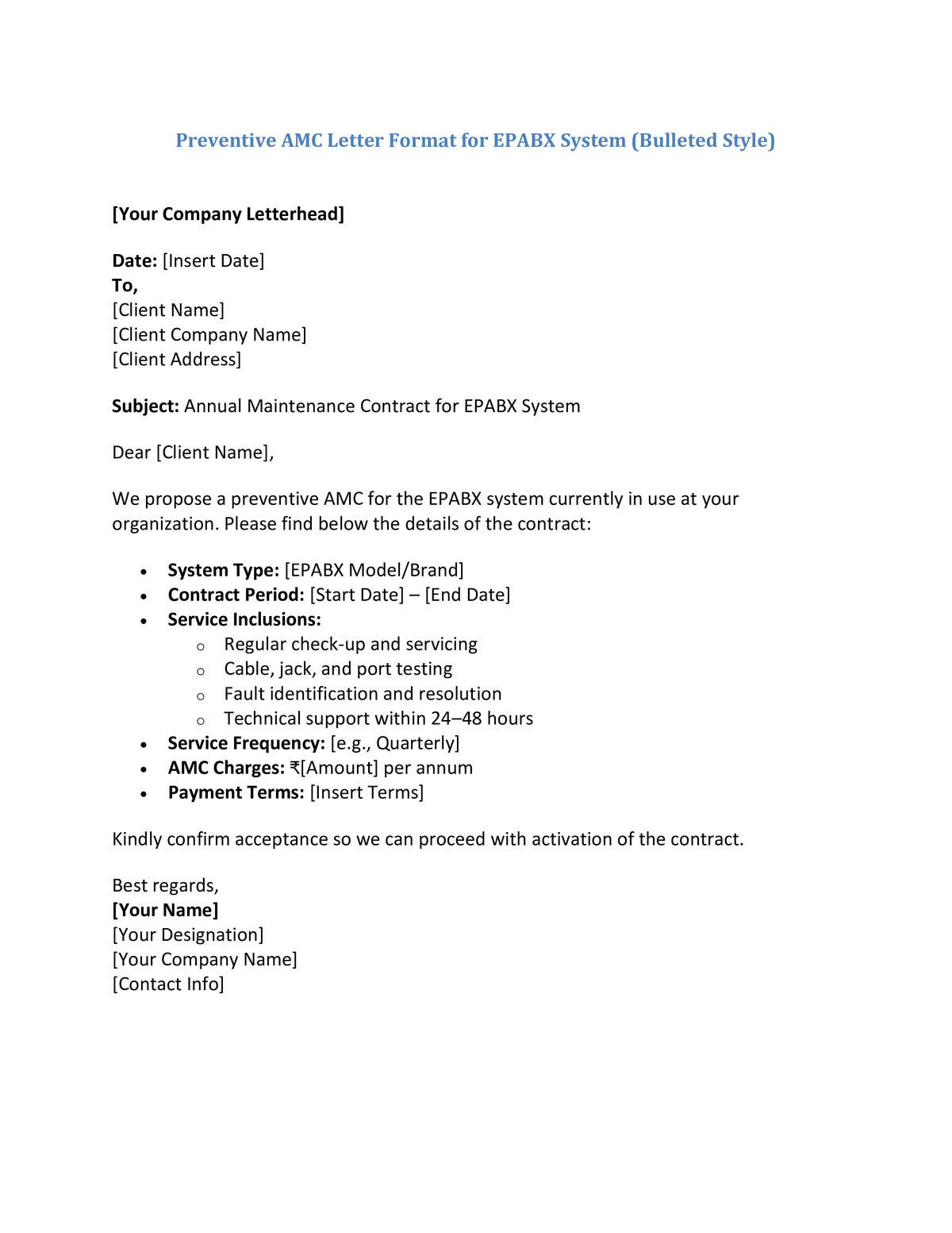 Preventive AMC Letter Format for EPABX System (Bulleted Style)
