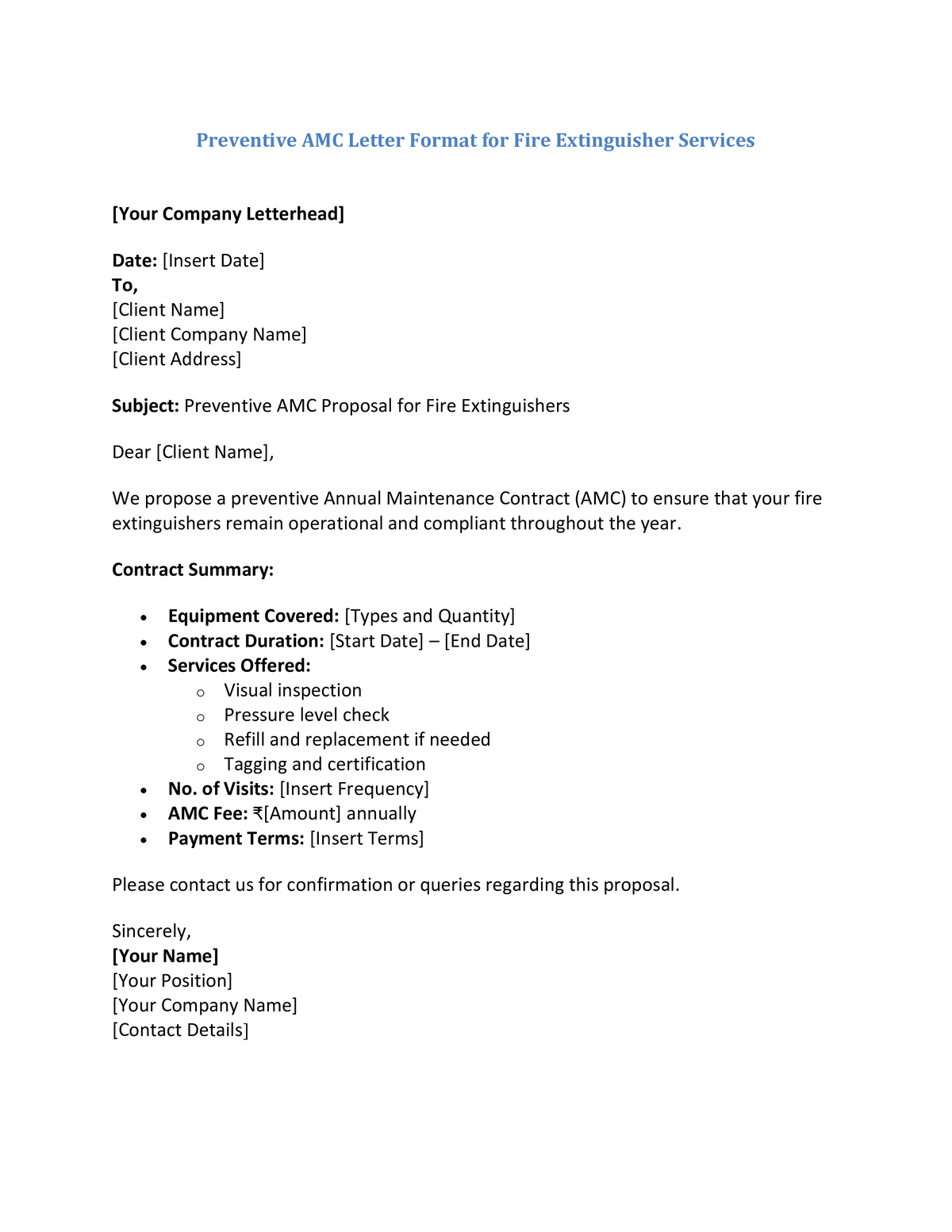 Preventive AMC Letter Format for Fire Extinguisher Services