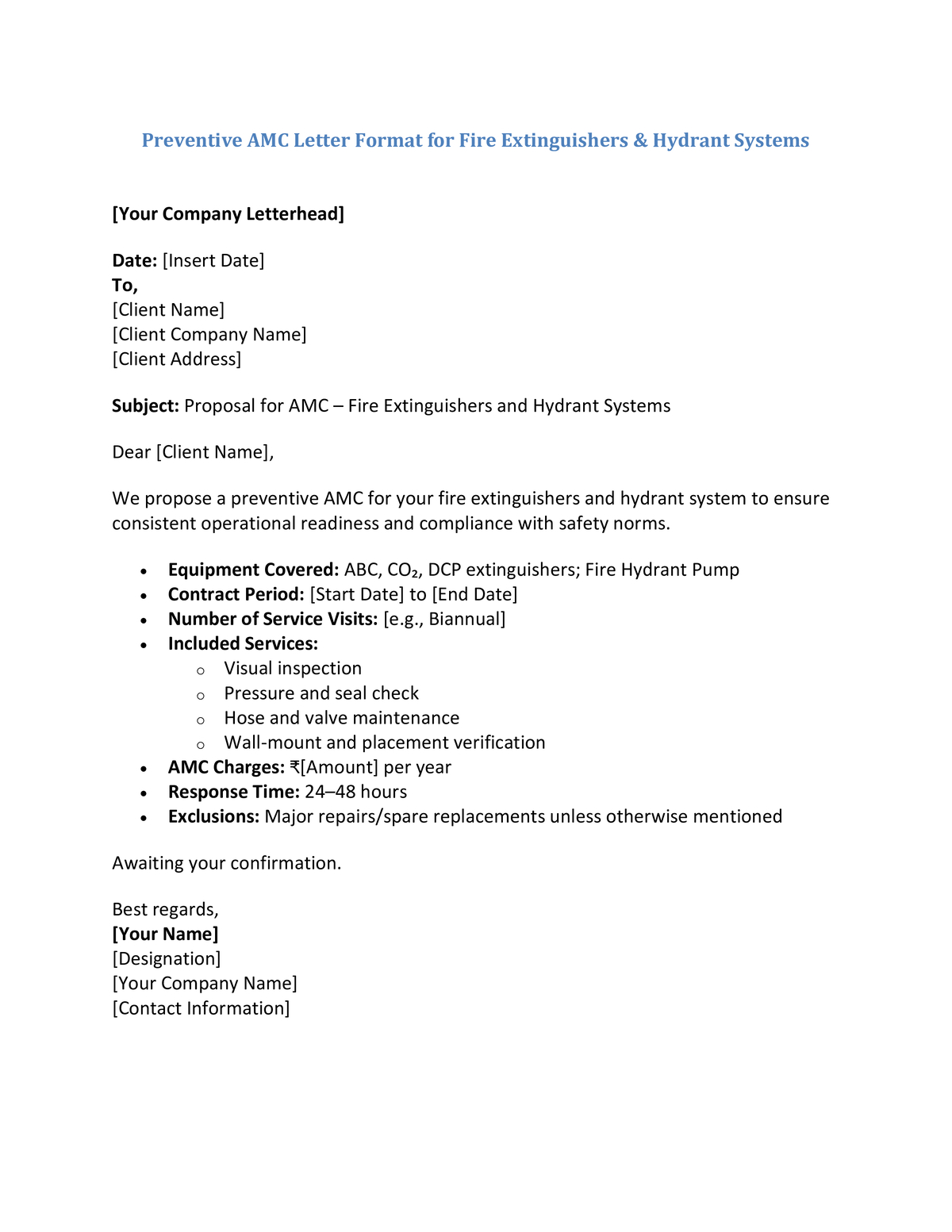 Preventive AMC Letter Format for Fire Extinguishers & Hydrant Systems