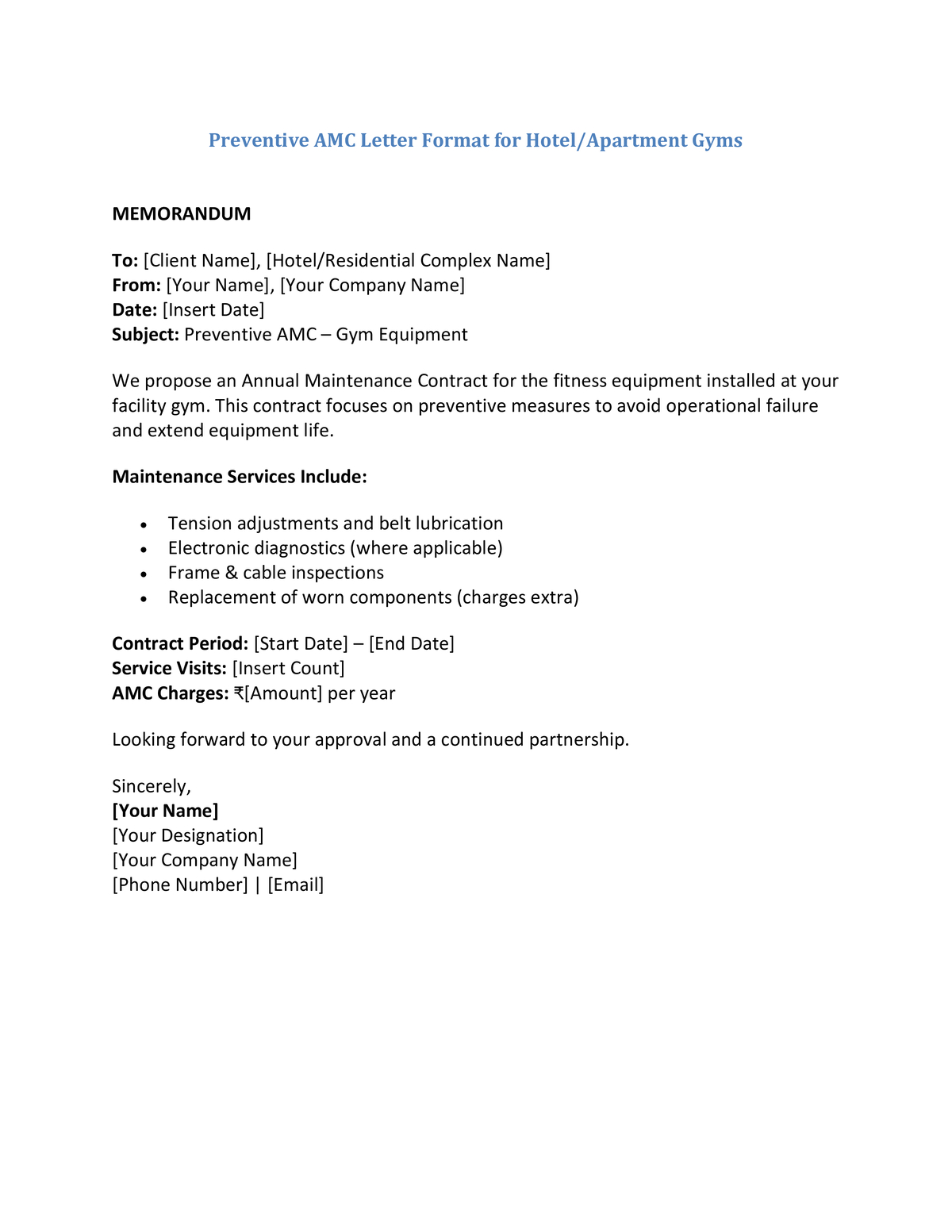 Preventive AMC Letter Format for Hotel Apartment Gyms