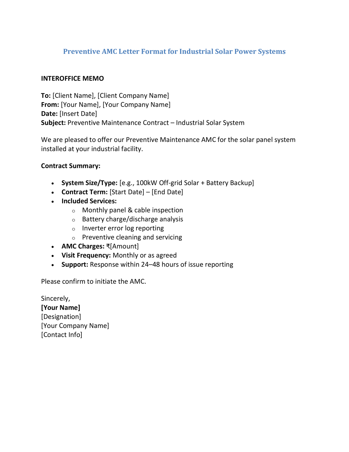 Preventive AMC Letter Format for Industrial Solar Power Systems