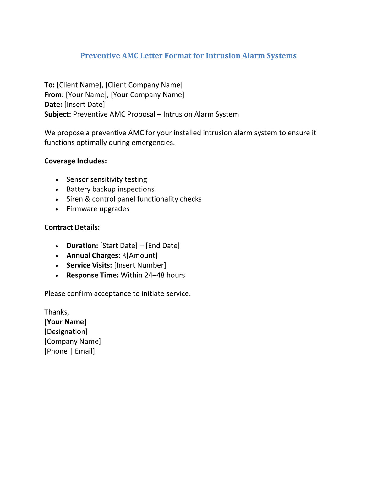 Preventive AMC Letter Format for Intrusion Alarm Systems