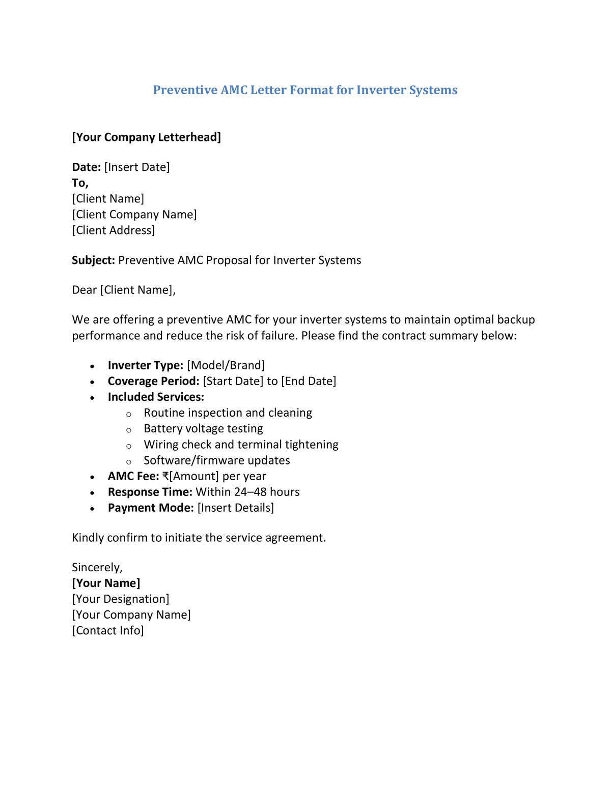 Preventive AMC Letter Format for Inverter Systems