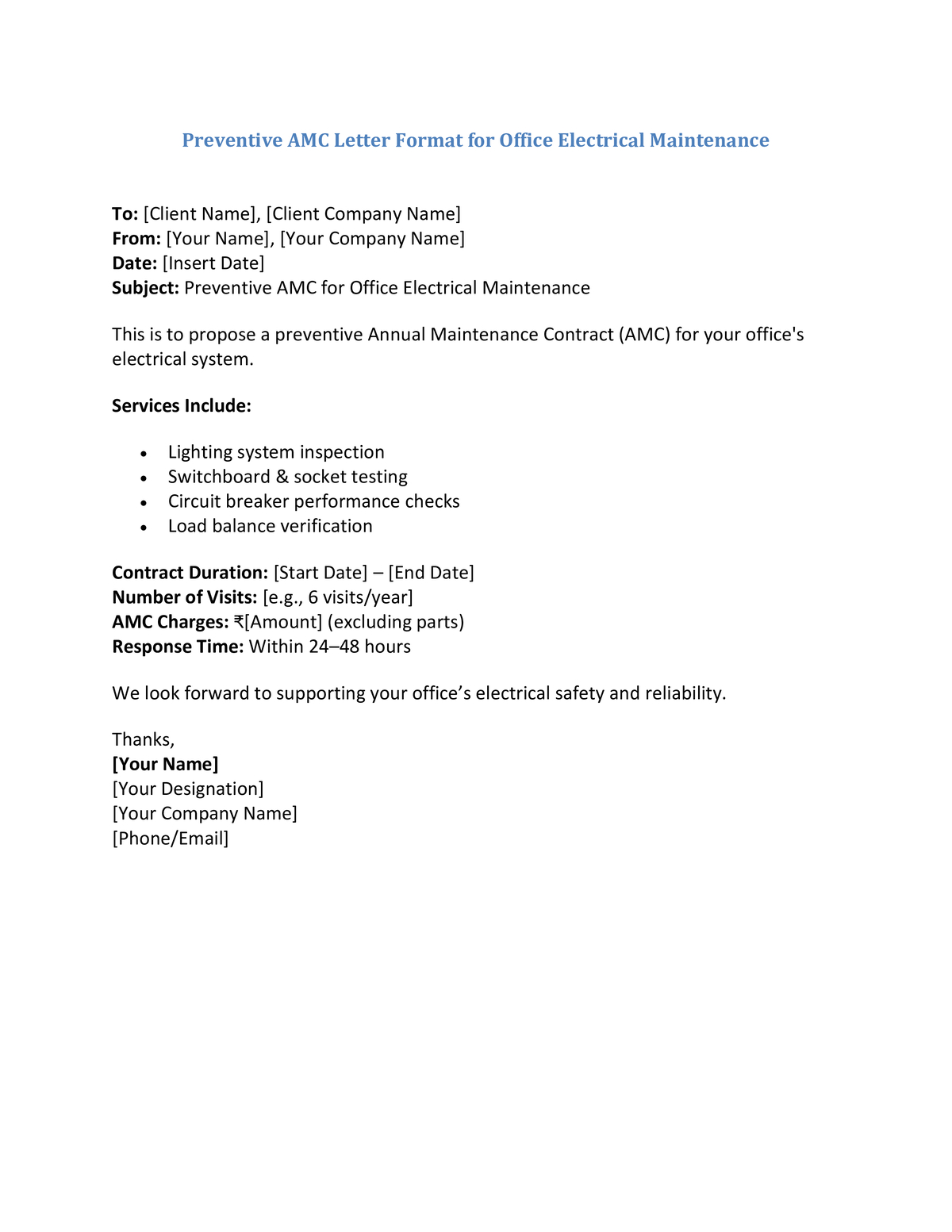 Preventive AMC Letter Format for Office Electrical Maintenance