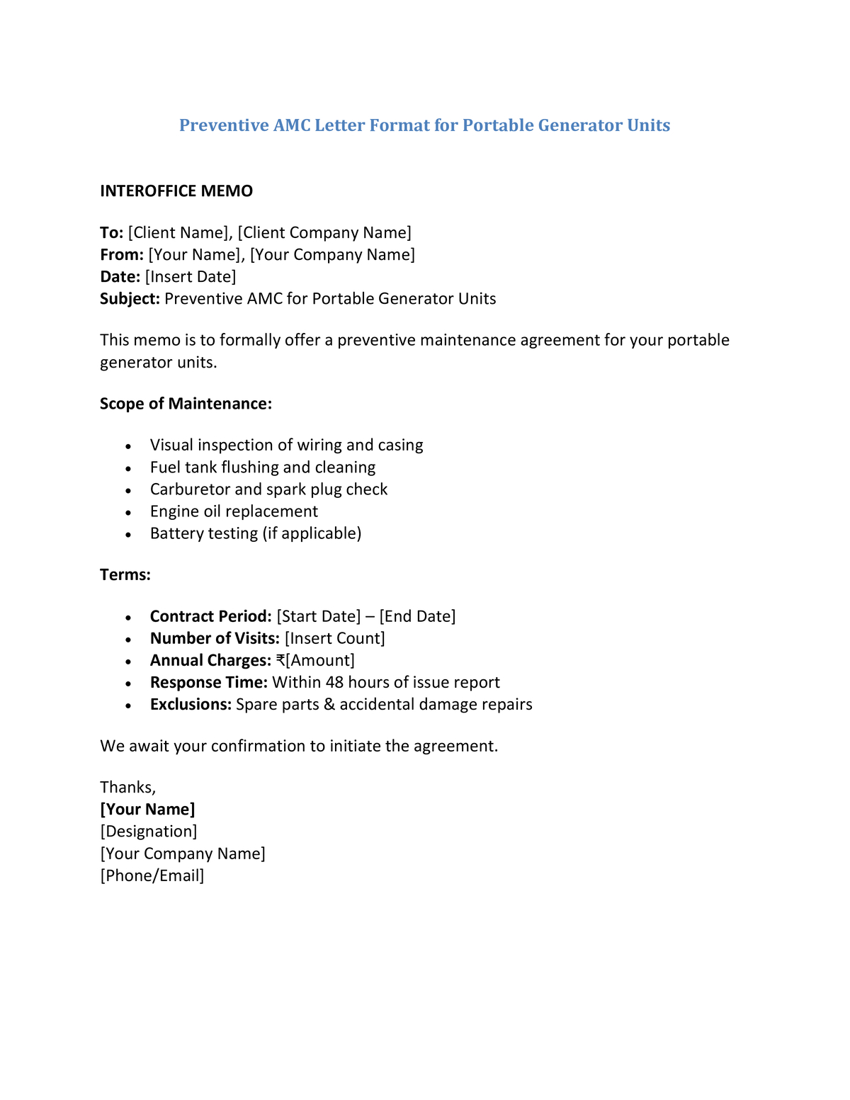 Preventive AMC Letter Format for Portable Generator Units