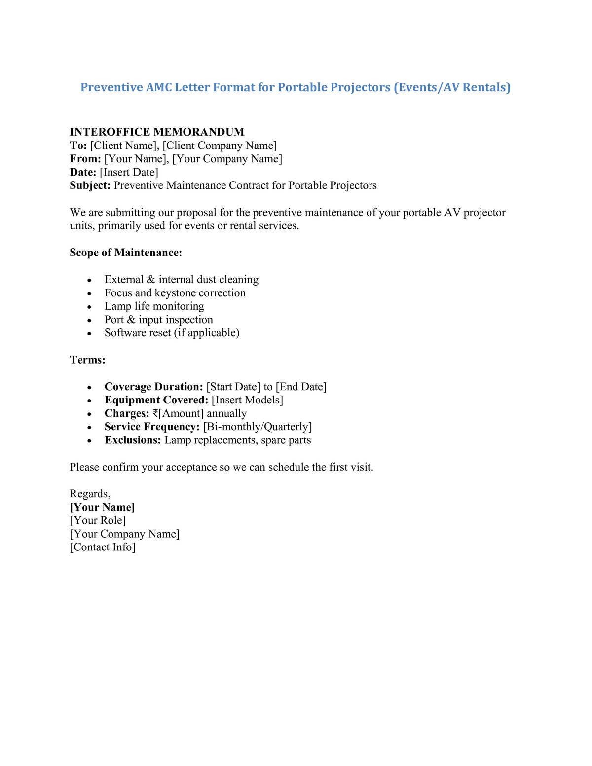 Preventive AMC Letter Format for Portable Projectors