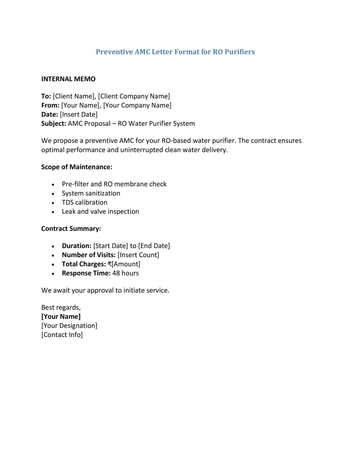Preventive AMC Letter Format for RO Purifiers