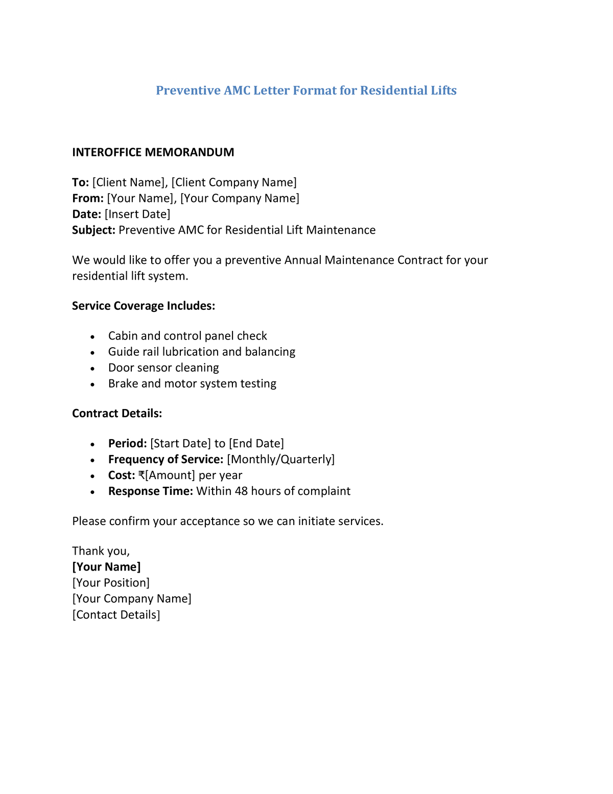 Preventive AMC Letter Format for Residential Lifts