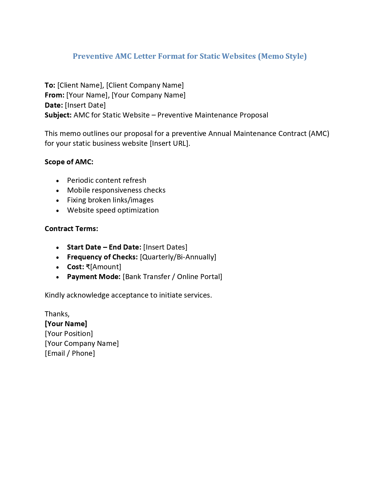 Preventive AMC Letter Format for Static Websites (Memo Style)