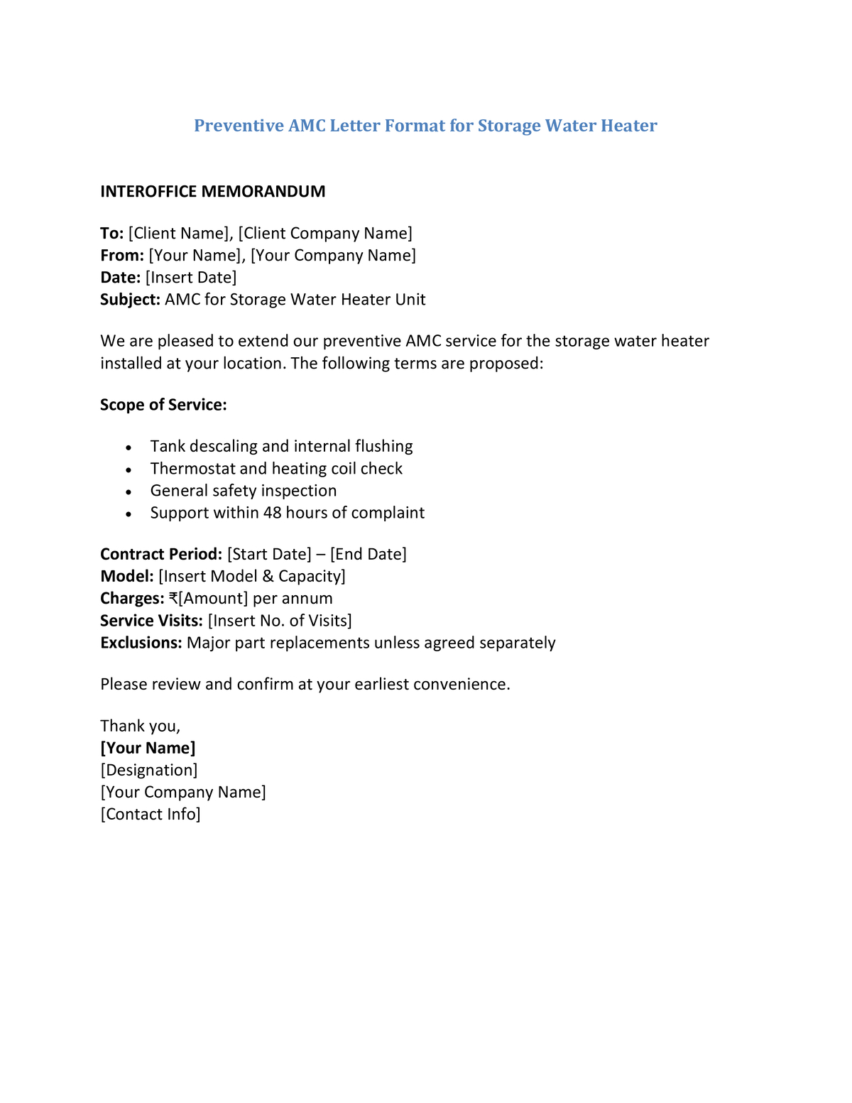 Preventive AMC Letter Format for Storage Water Heater