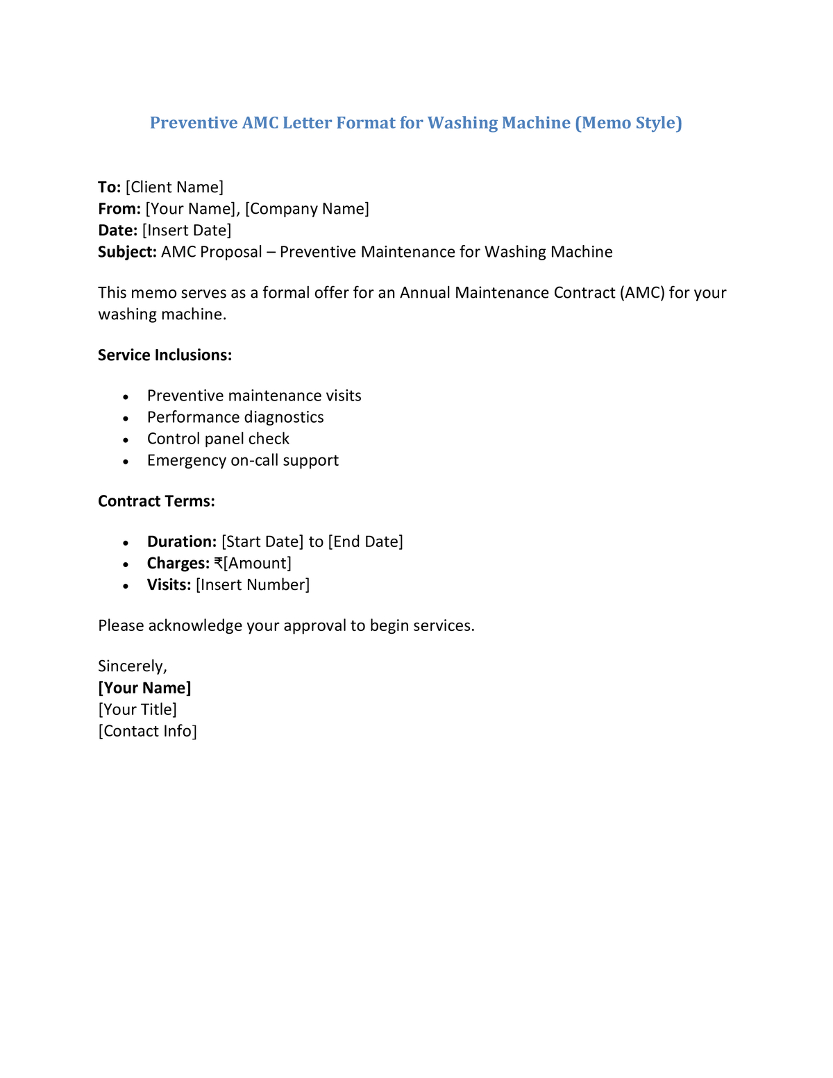 Preventive AMC Letter Format for Washing Machine (Memo Style)