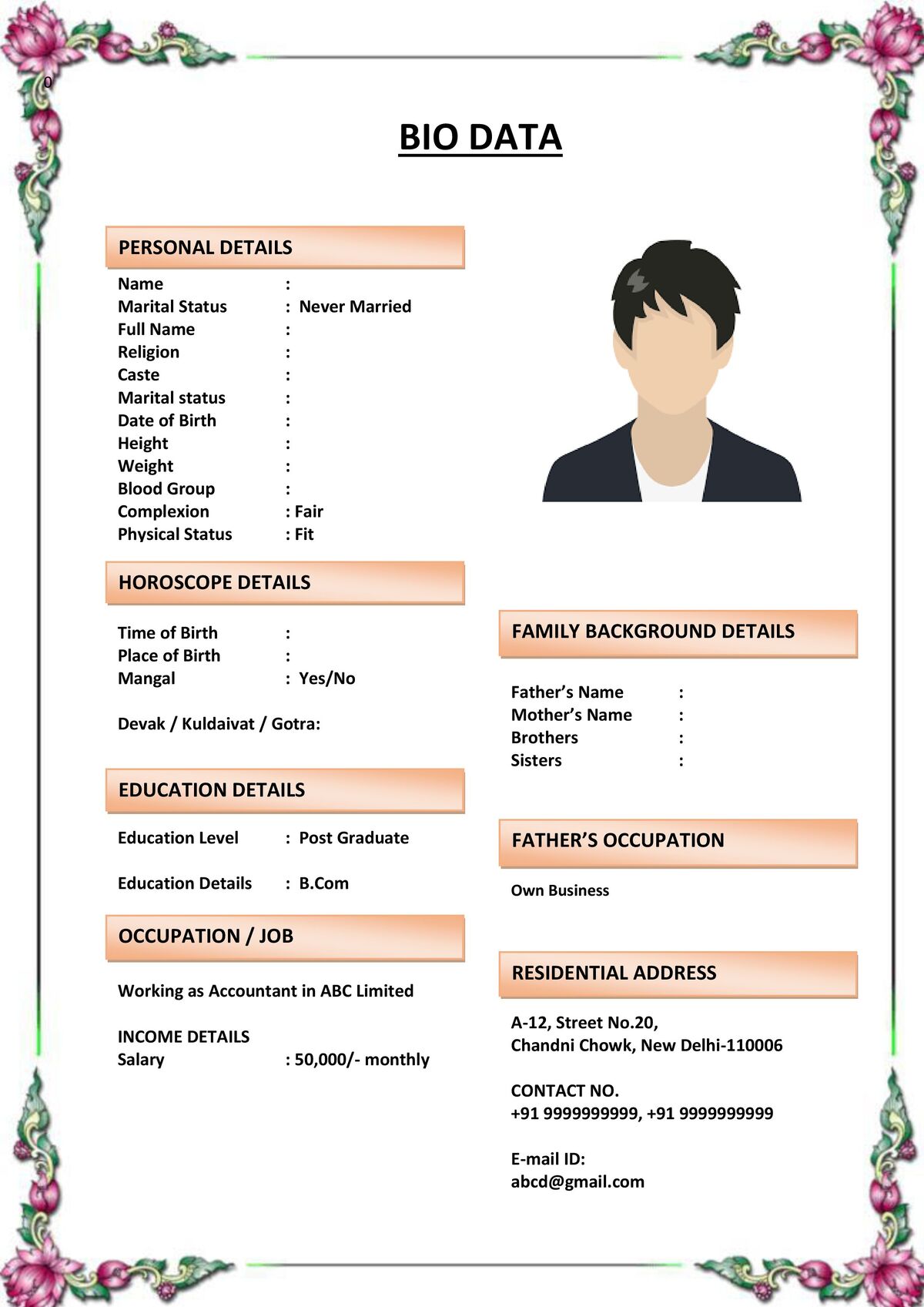 Printable Marriage Biodata in Color