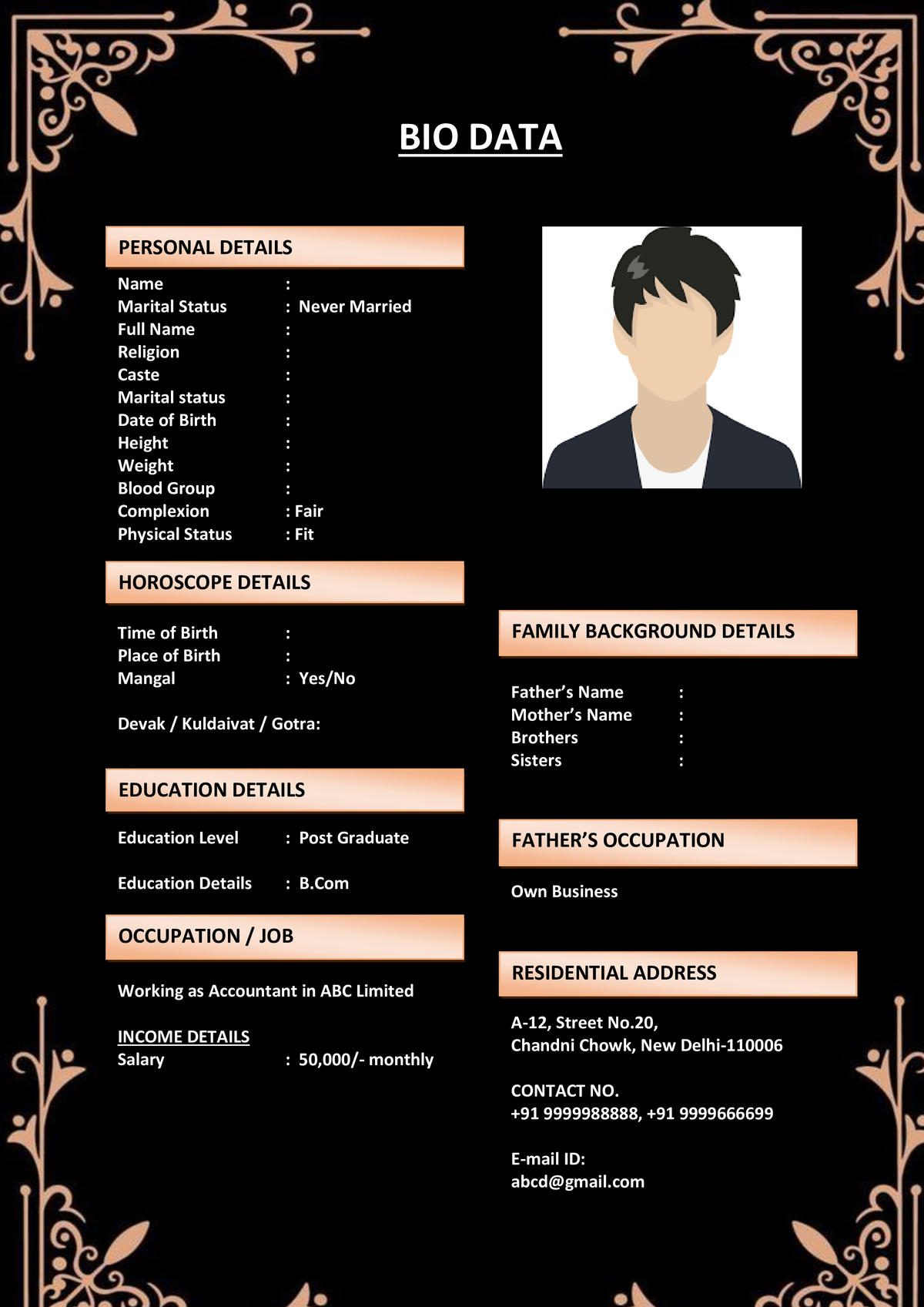 Professional Marriage Biodata Format