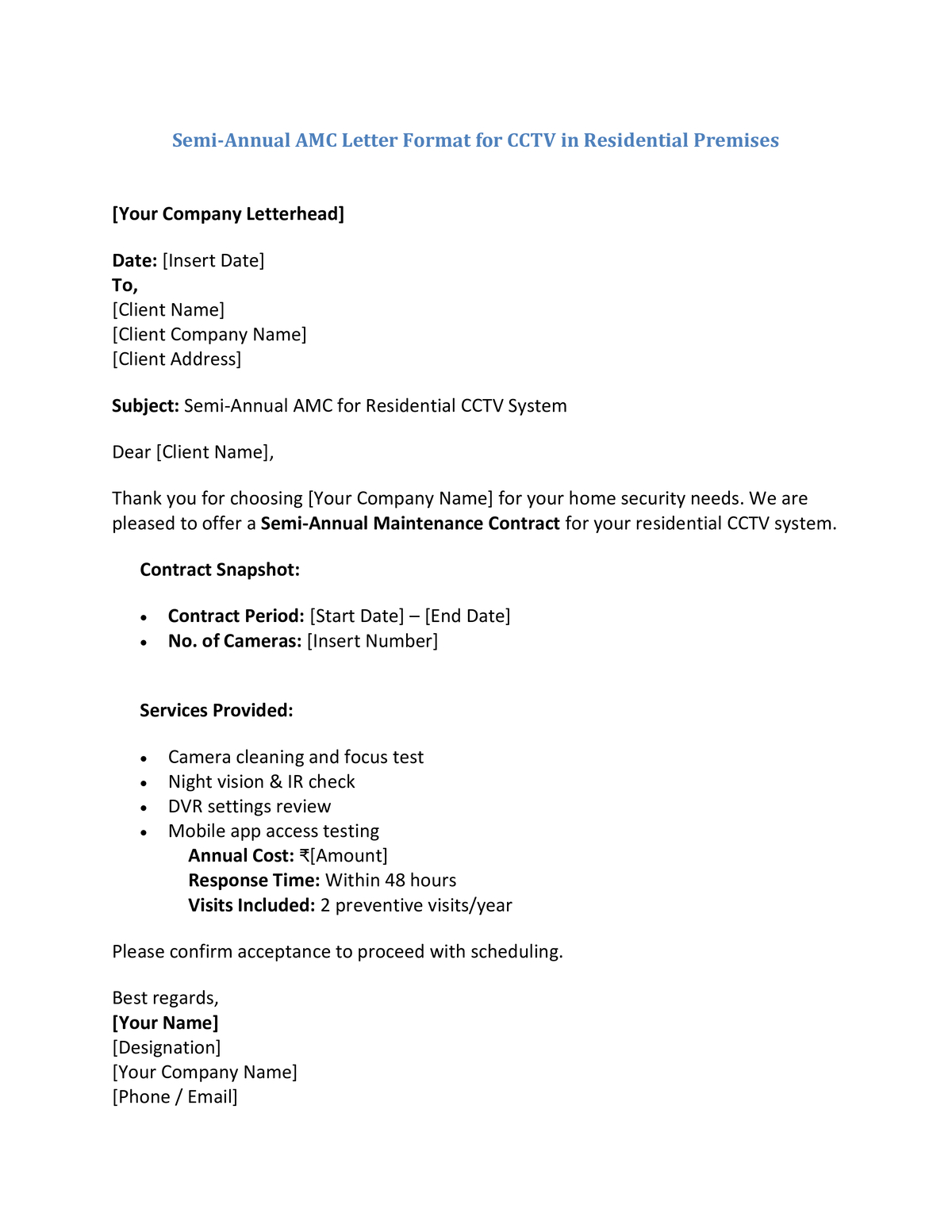 Semi-Annual AMC Letter Format for CCTV in Residential Premises
