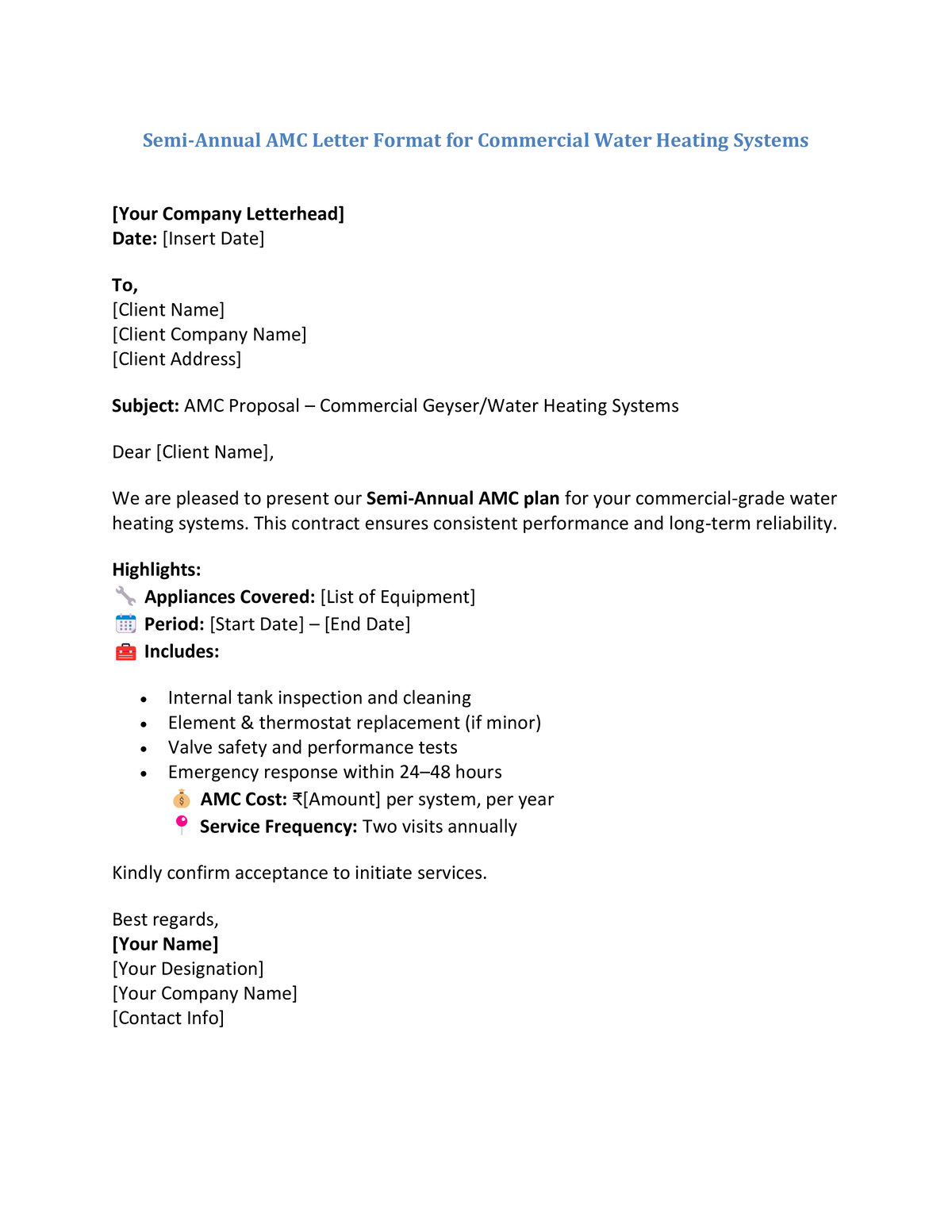 Semi-Annual AMC Letter Format for Commercial Water Heating Systems