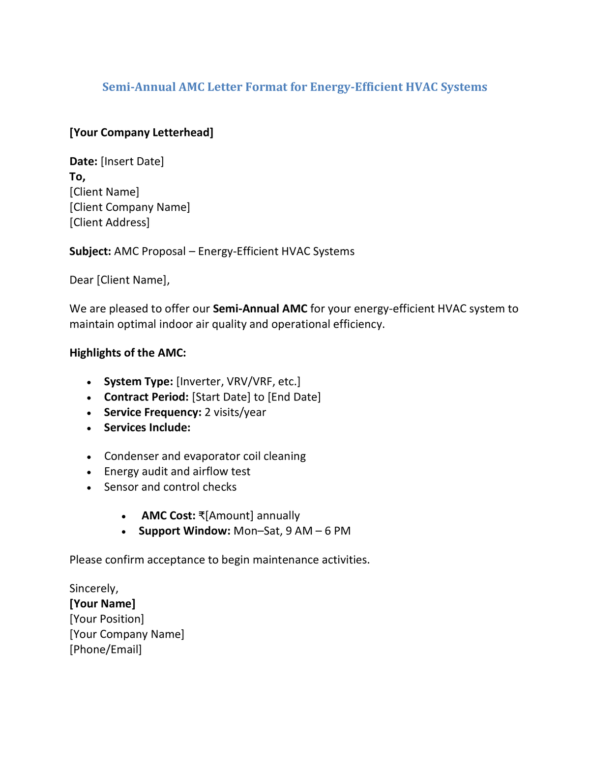 Semi-Annual AMC Letter Format for Energy-Efficient HVAC Systems