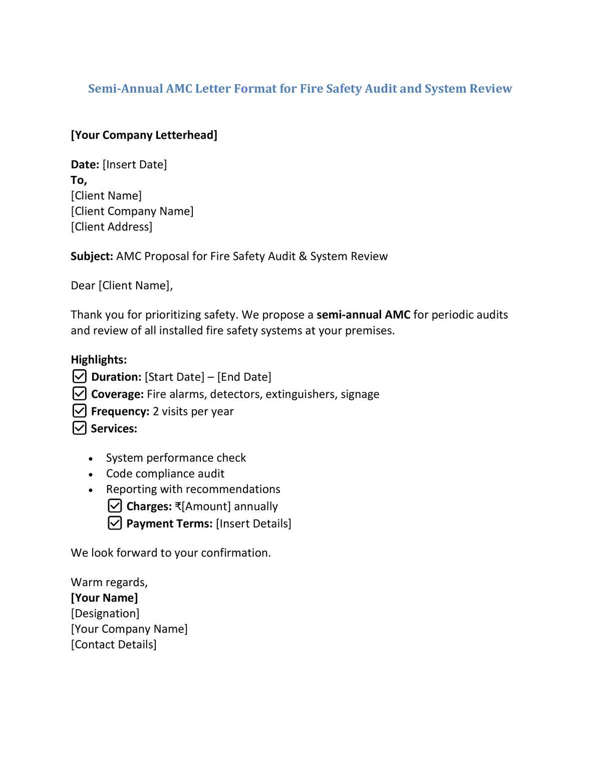 Semi-Annual AMC Letter Format for Fire Safety Audit and System Review
