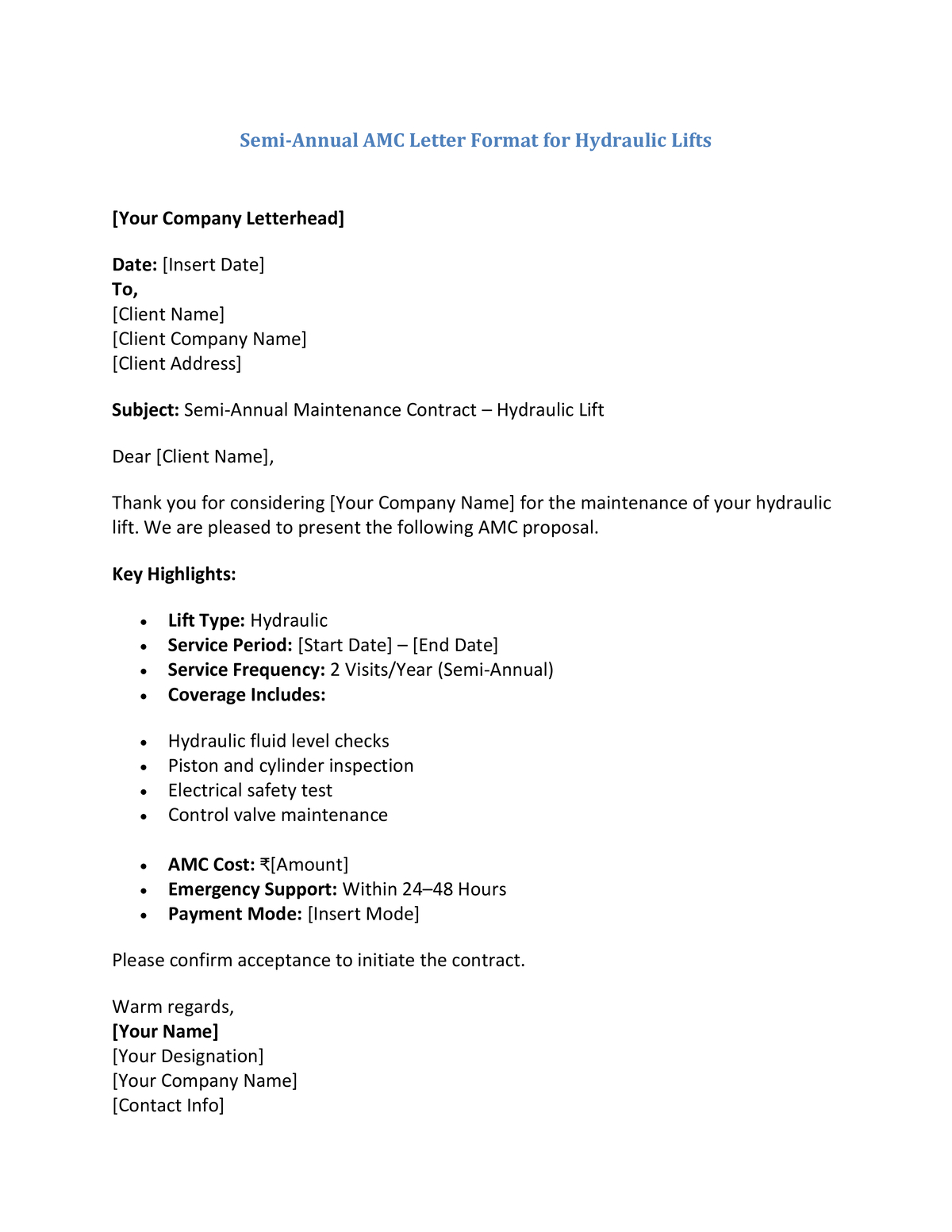 Semi-Annual AMC Letter Format for Hydraulic Lifts