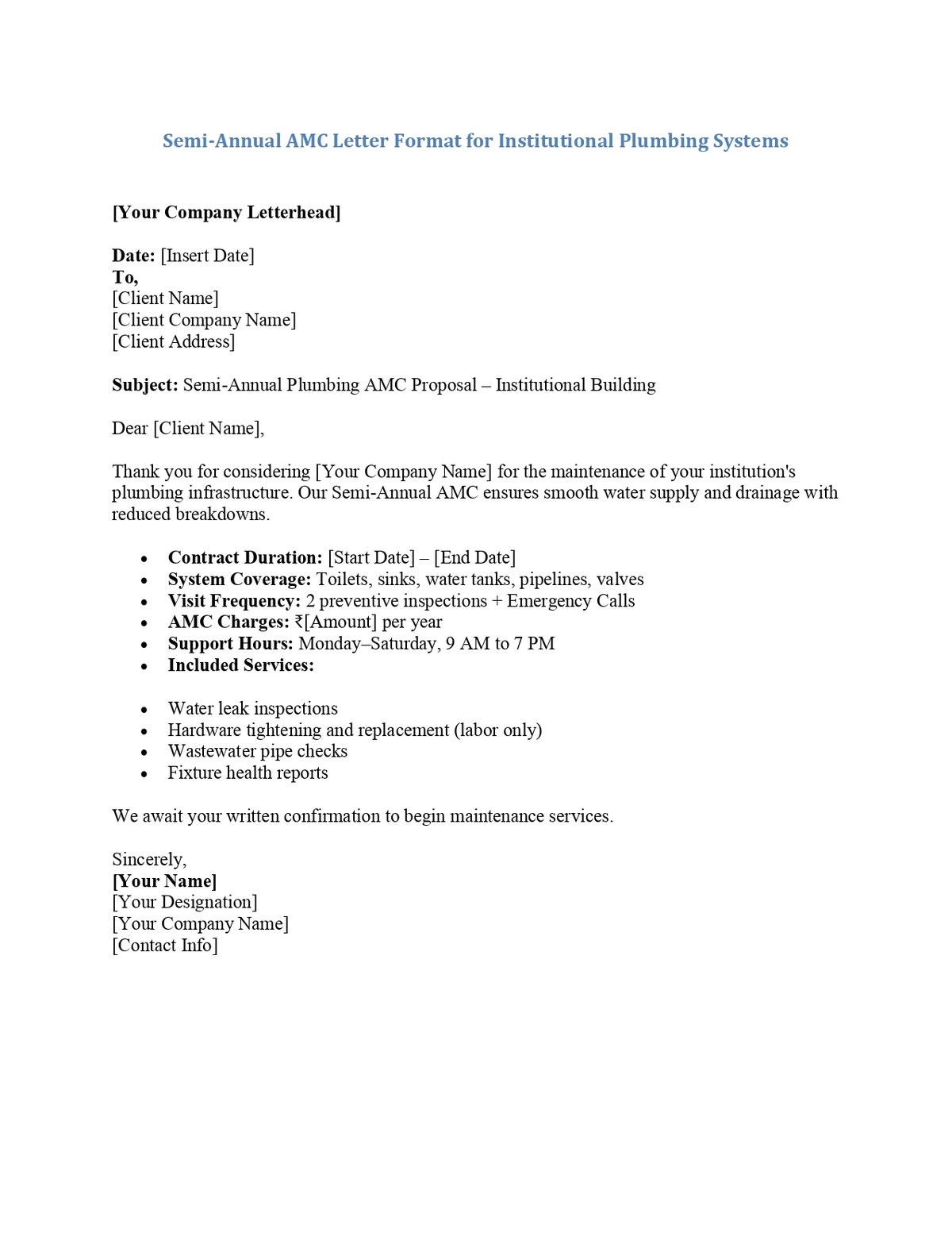 Semi-Annual AMC Letter Format for Institutional Plumbing Systems