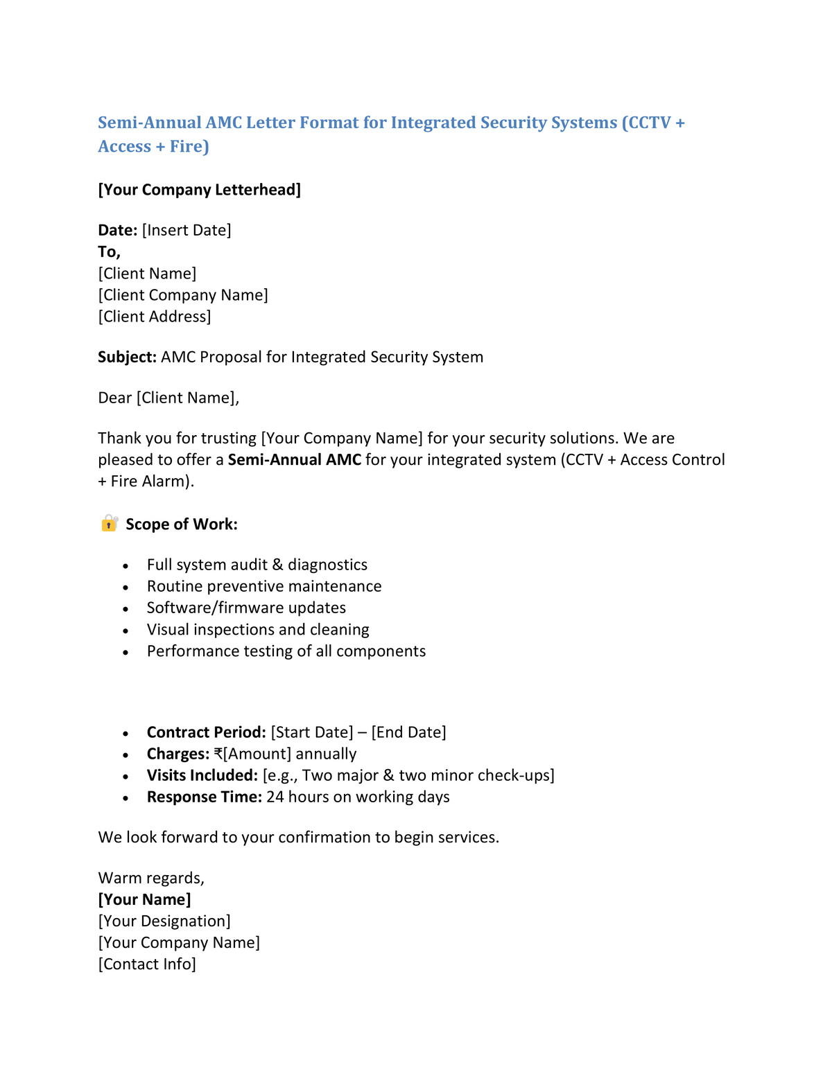 Semi-Annual AMC Letter Format for Integrated Security Systems (CCTV Access Fire)