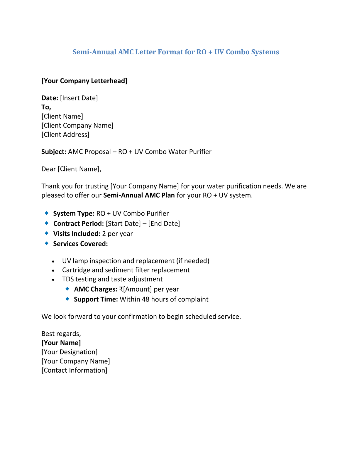 Semi-Annual AMC Letter Format for RO UV Combo Systems