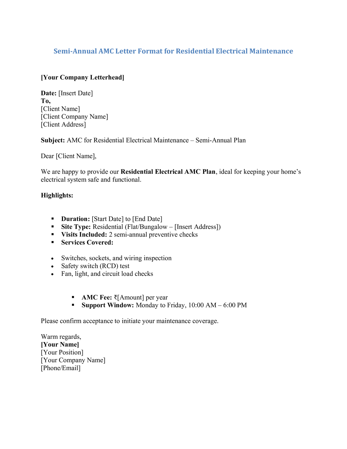 Semi-Annual AMC Letter Format for Residential Electrical Maintenance