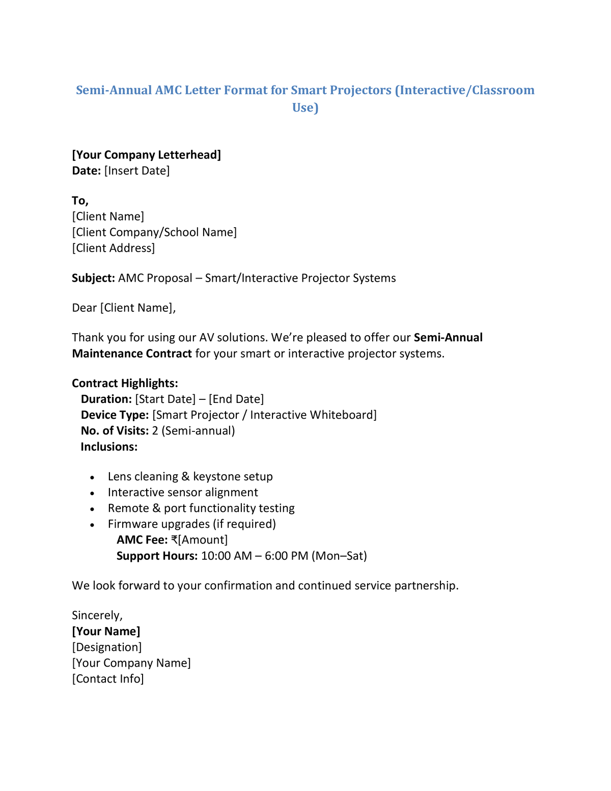Semi-Annual AMC Letter Format for Smart Projectors