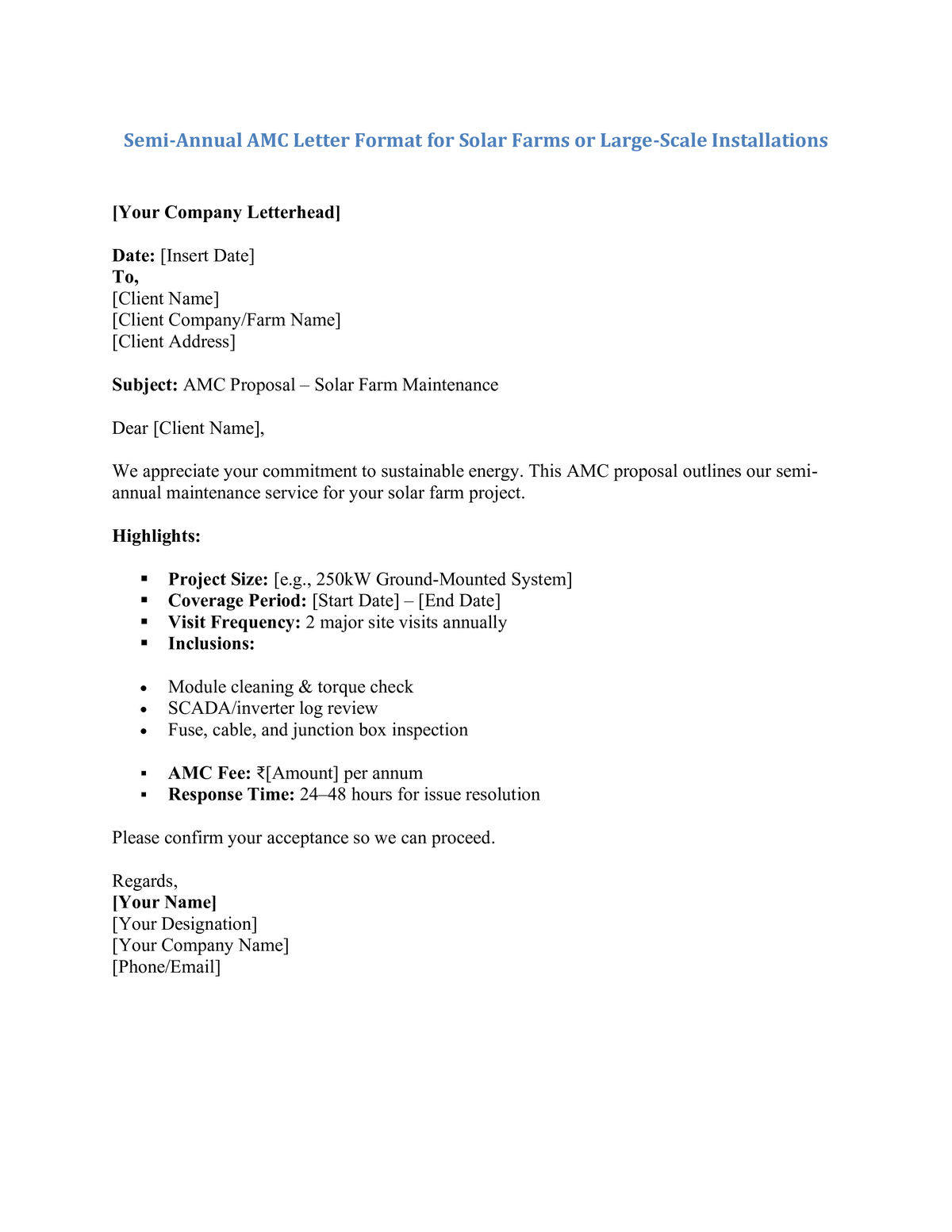 Semi-Annual AMC Letter Format for Solar Farms or Large-Scale Installations