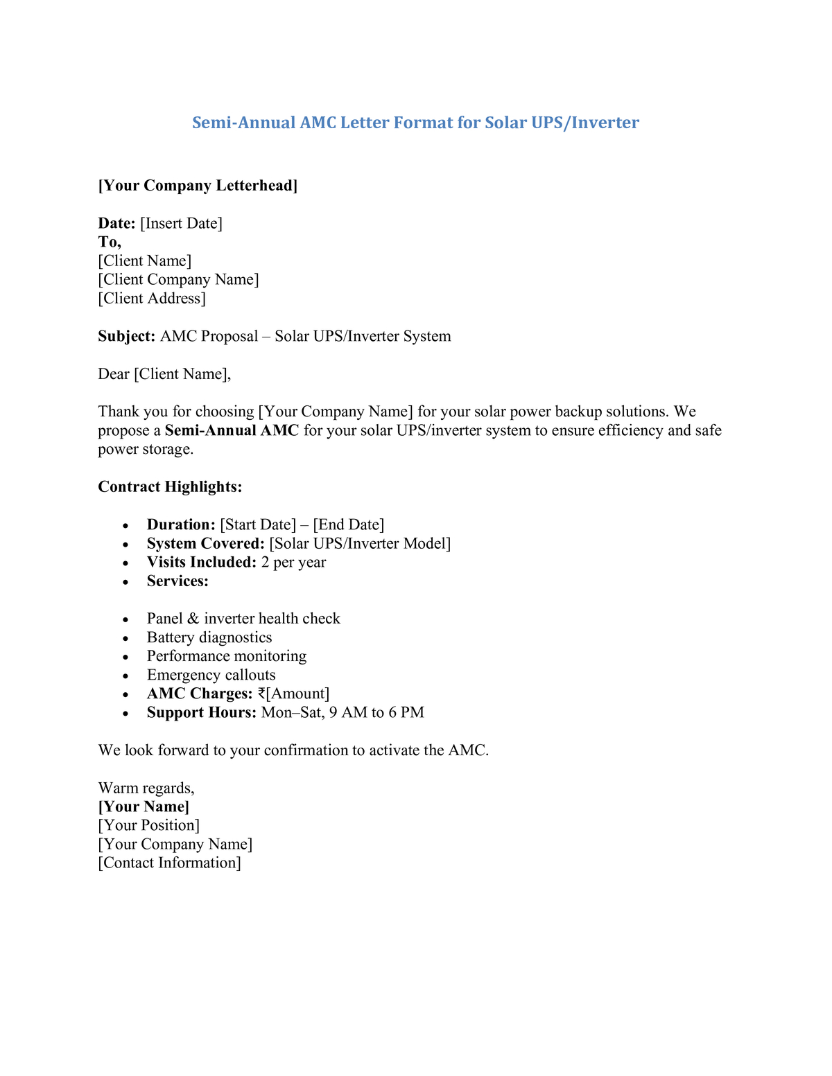 Semi-Annual AMC Letter Format for Solar UPS Inverter