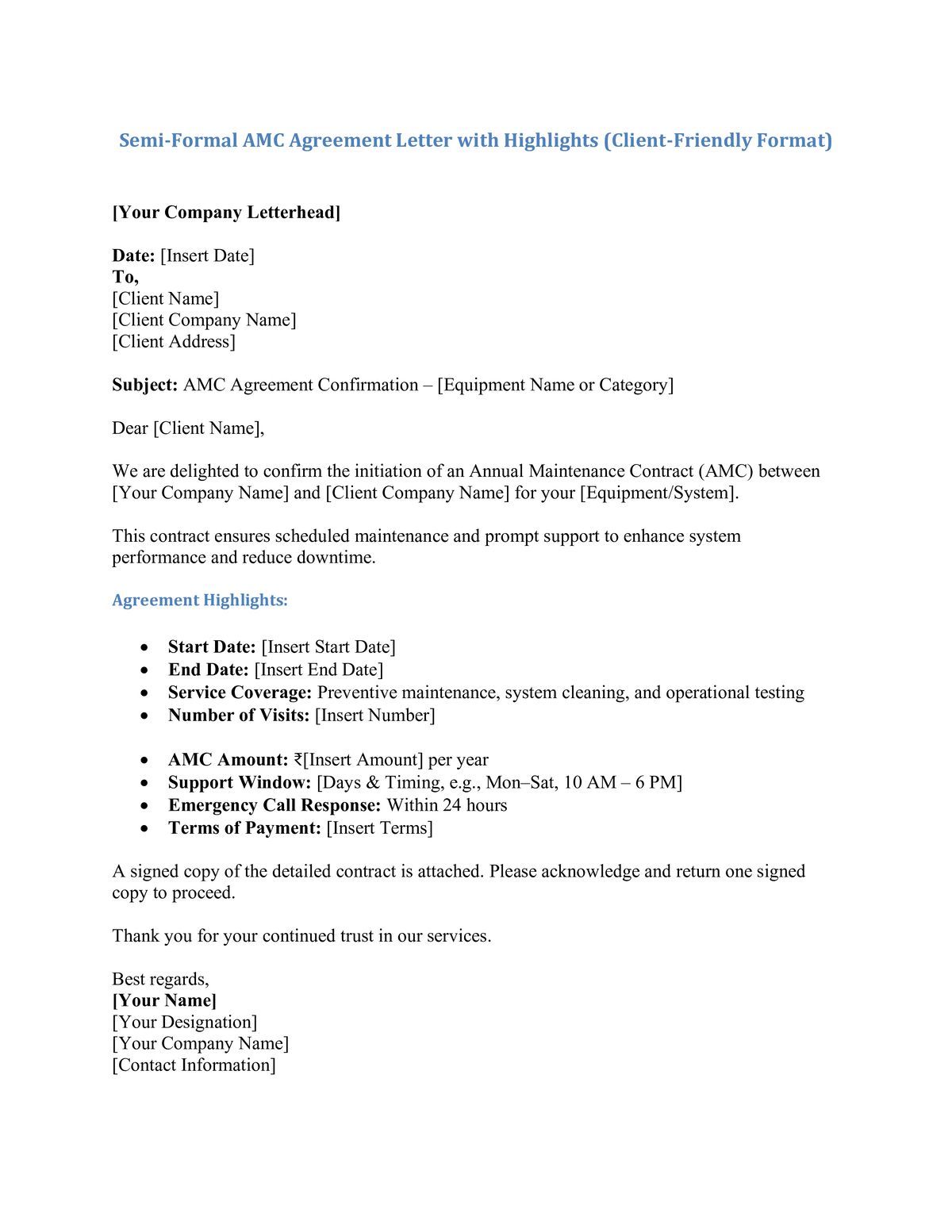 Semi-Formal AMC Agreement Letter with Highlights (Client-Friendly Format)