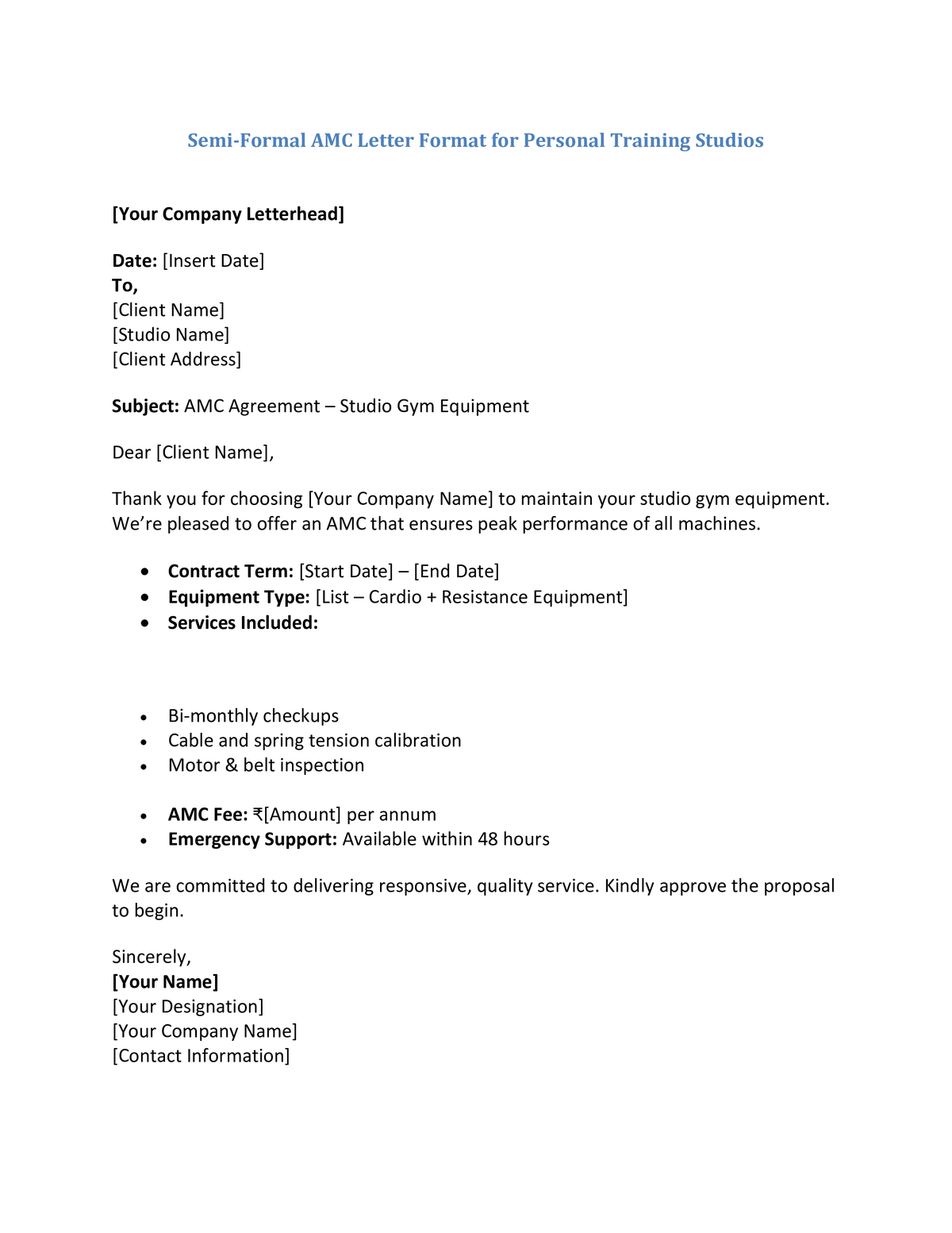 Semi-Formal AMC Letter Format for Personal Training Studios
