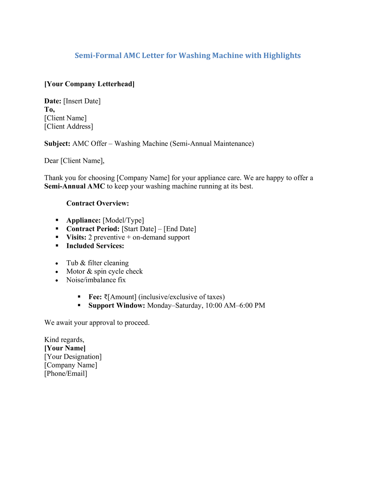 Semi-Formal AMC Letter for Washing Machine with Highlights