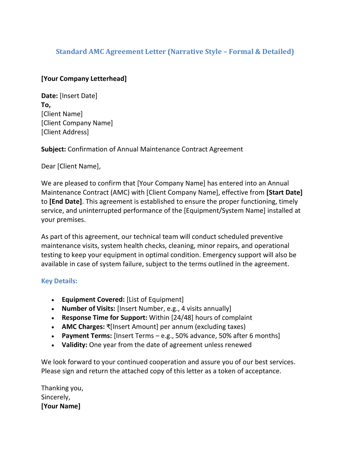 Standard AMC Agreement Letter